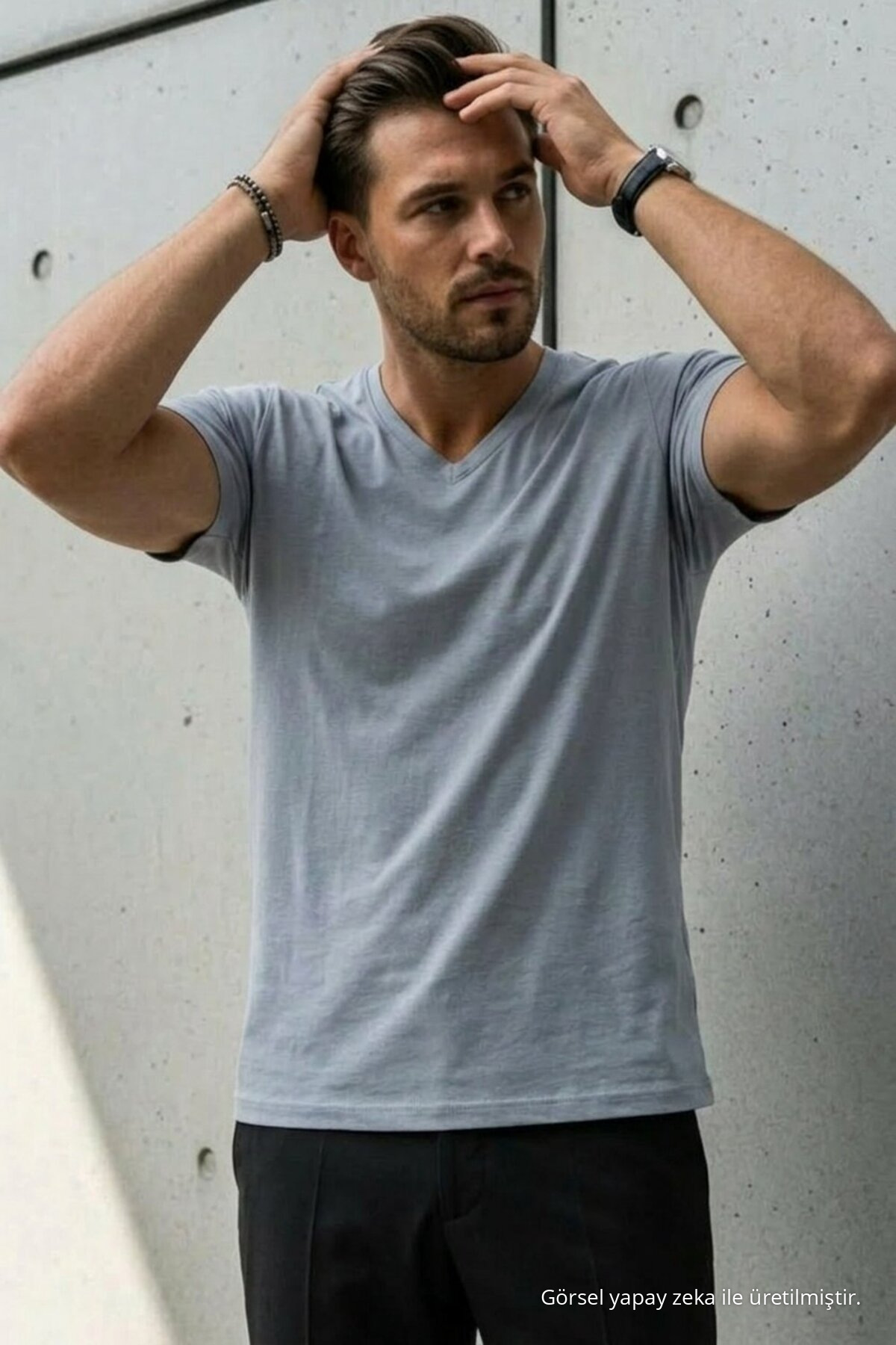 Erkek Relaxed Fit Gri Bol V Yaka Tişört 4