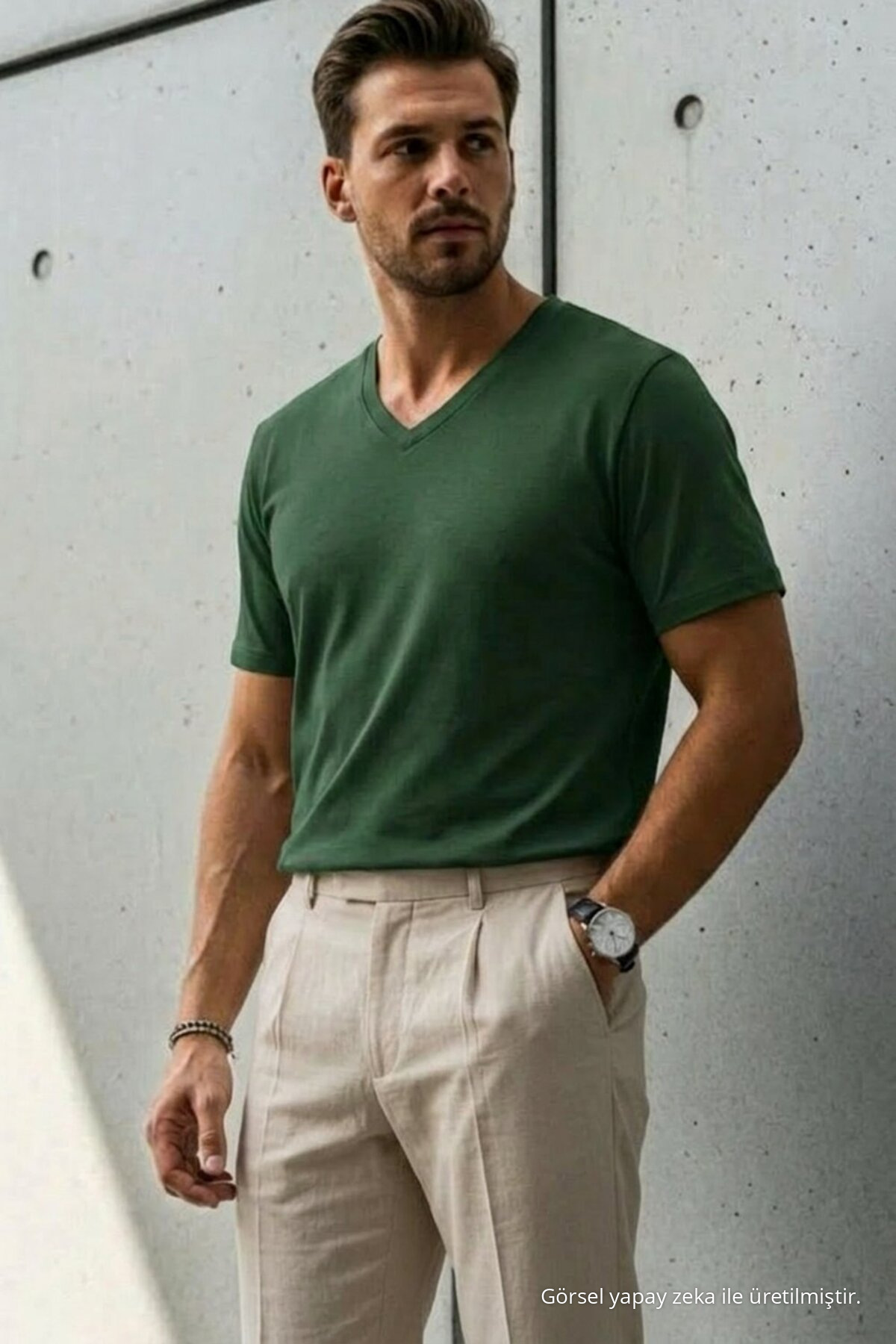 Erkek Relaxed Fit Haki Bol V Yaka Tişört 3