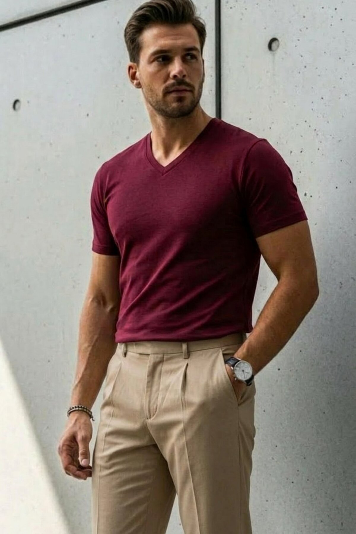 Erkek Relaxed Fit Bordo Bol V Yaka Tişört 3