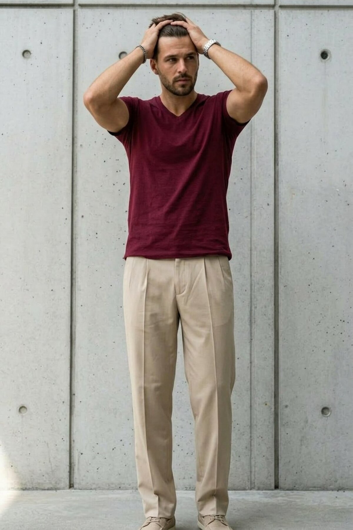 Erkek Relaxed Fit Bordo Bol V Yaka Tişört 4
