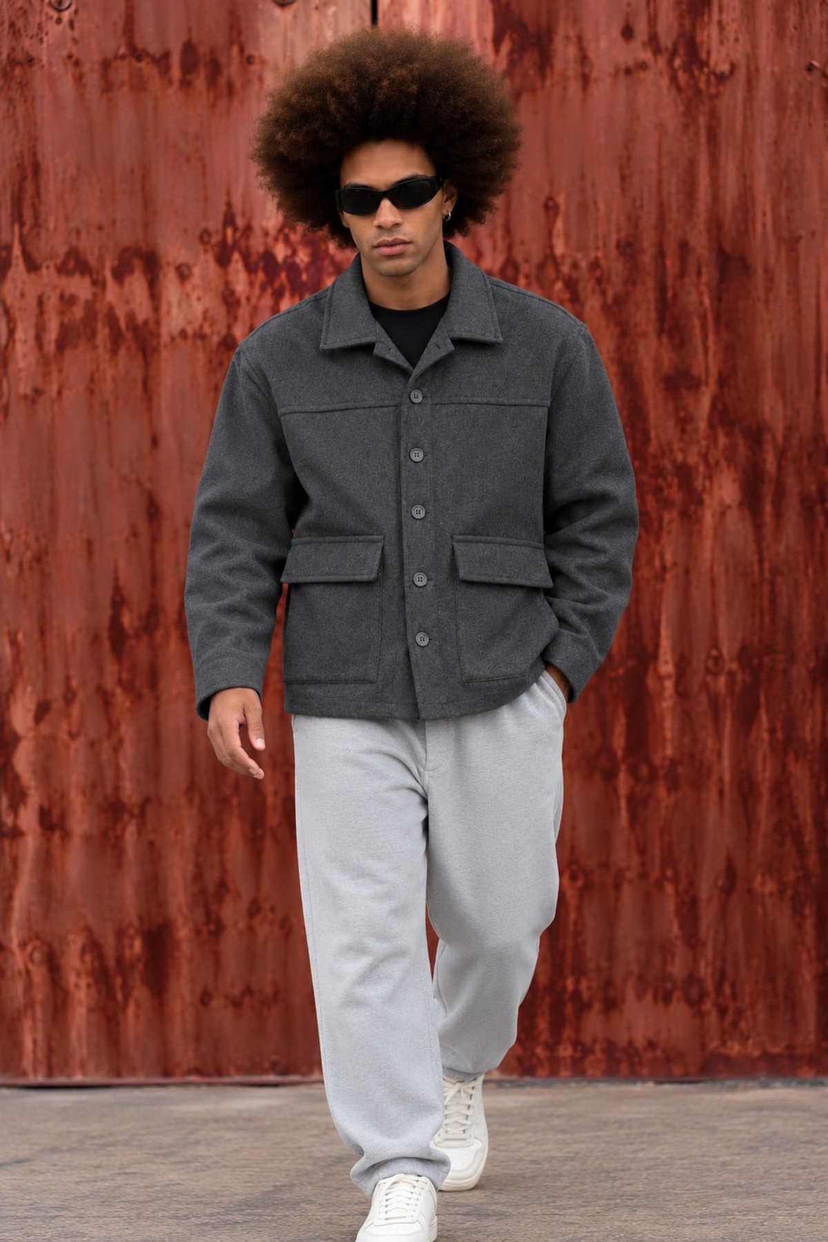 Erkek Oversize Çift Cepli Kaşe Trend Füme Ceket 4