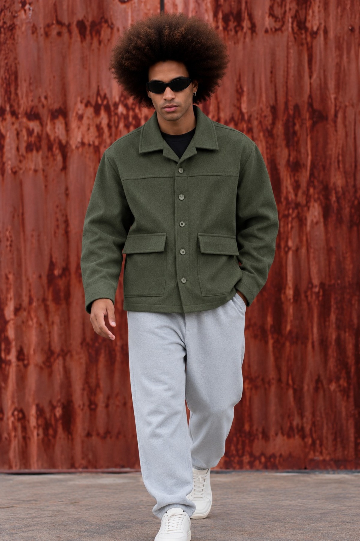 Erkek Oversize Çift Cepli Kaşe Trend Haki Ceket 4