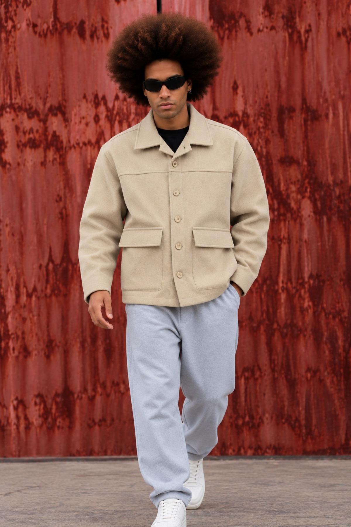 Erkek Oversize Çift Cepli Kaşe Trend Krem Ceket 4