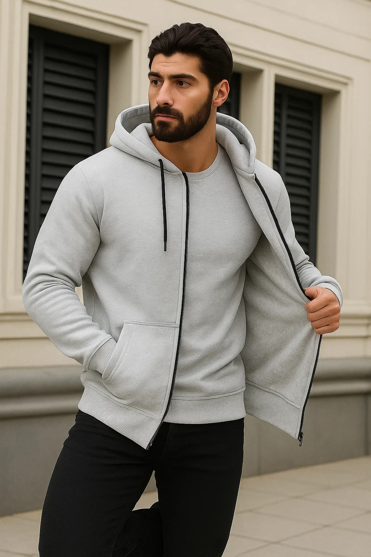 Erkek Kışlık Oversize Açık Kapsonlu Fermuarli Sweat 4