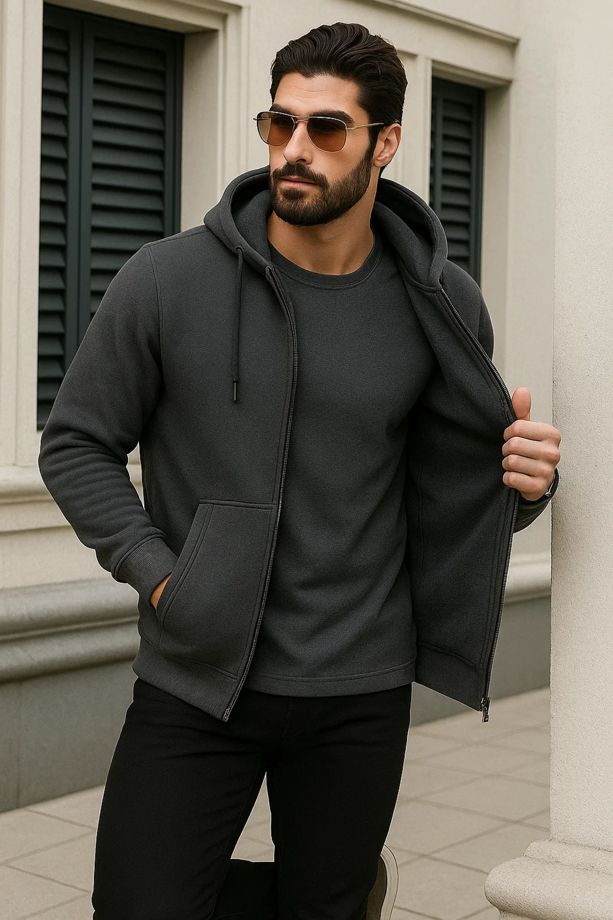 Erkek Kışlık Oversize Antrasit Kapsonlu Fermuarli Sweat 4