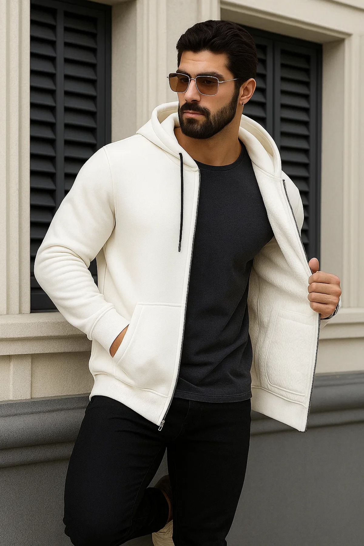 Erkek Kışlık Oversize Beyaz Kapsonlu Fermuarli Sweat 3