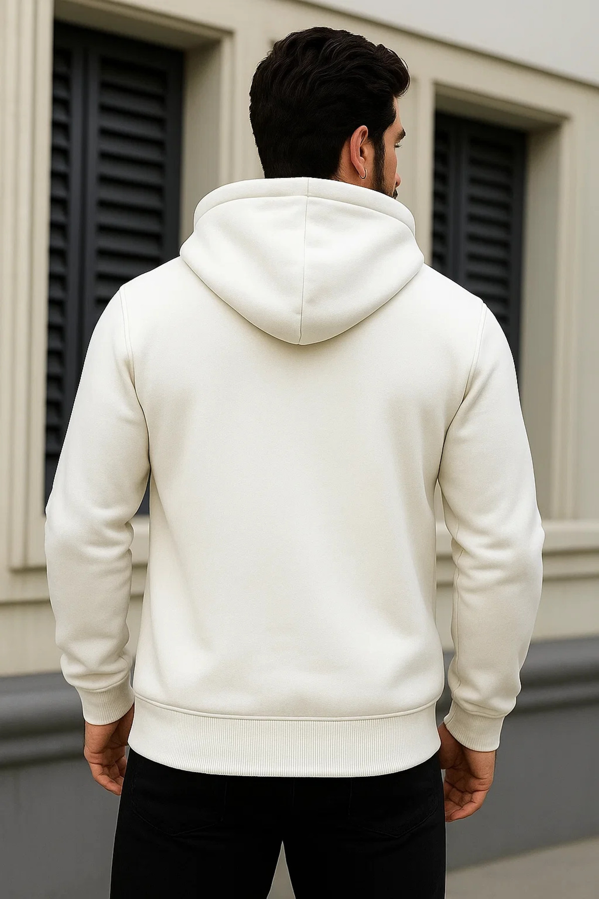 Erkek Kışlık Oversize Beyaz Kapsonlu Fermuarli Sweat 6