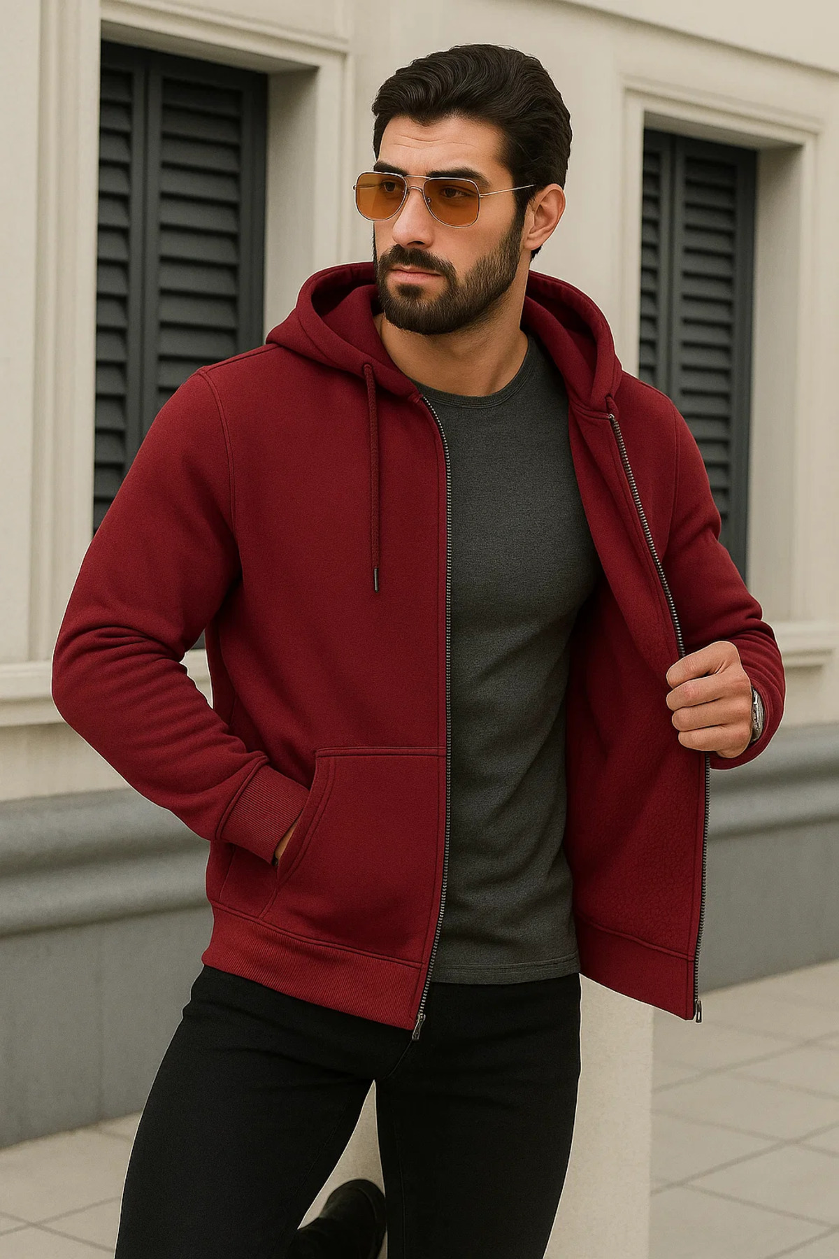 Erkek Kışlık Oversize Bordo Kapsonlu Fermuarli Sweat 4