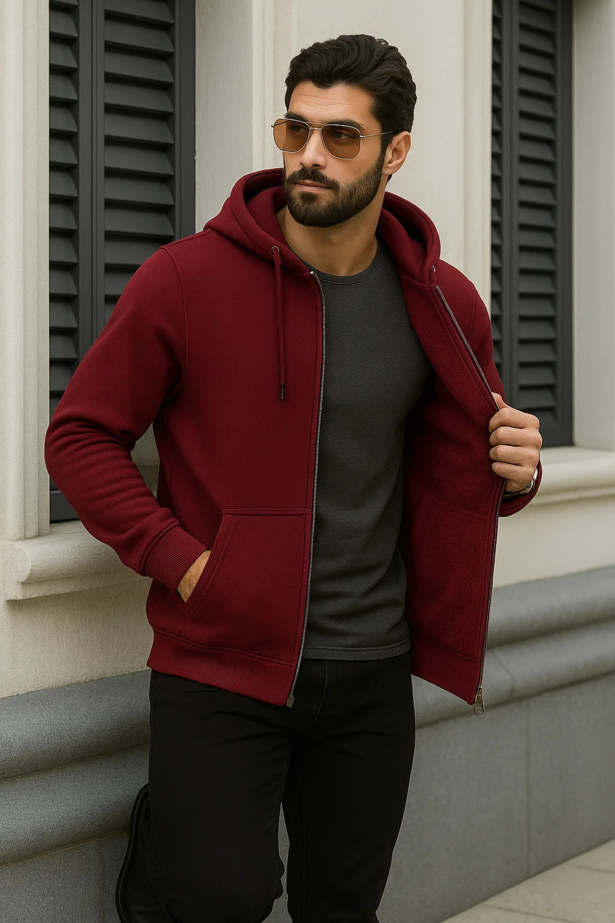 Erkek Kışlık Oversize Bordo Kapsonlu Fermuarli Sweat 3
