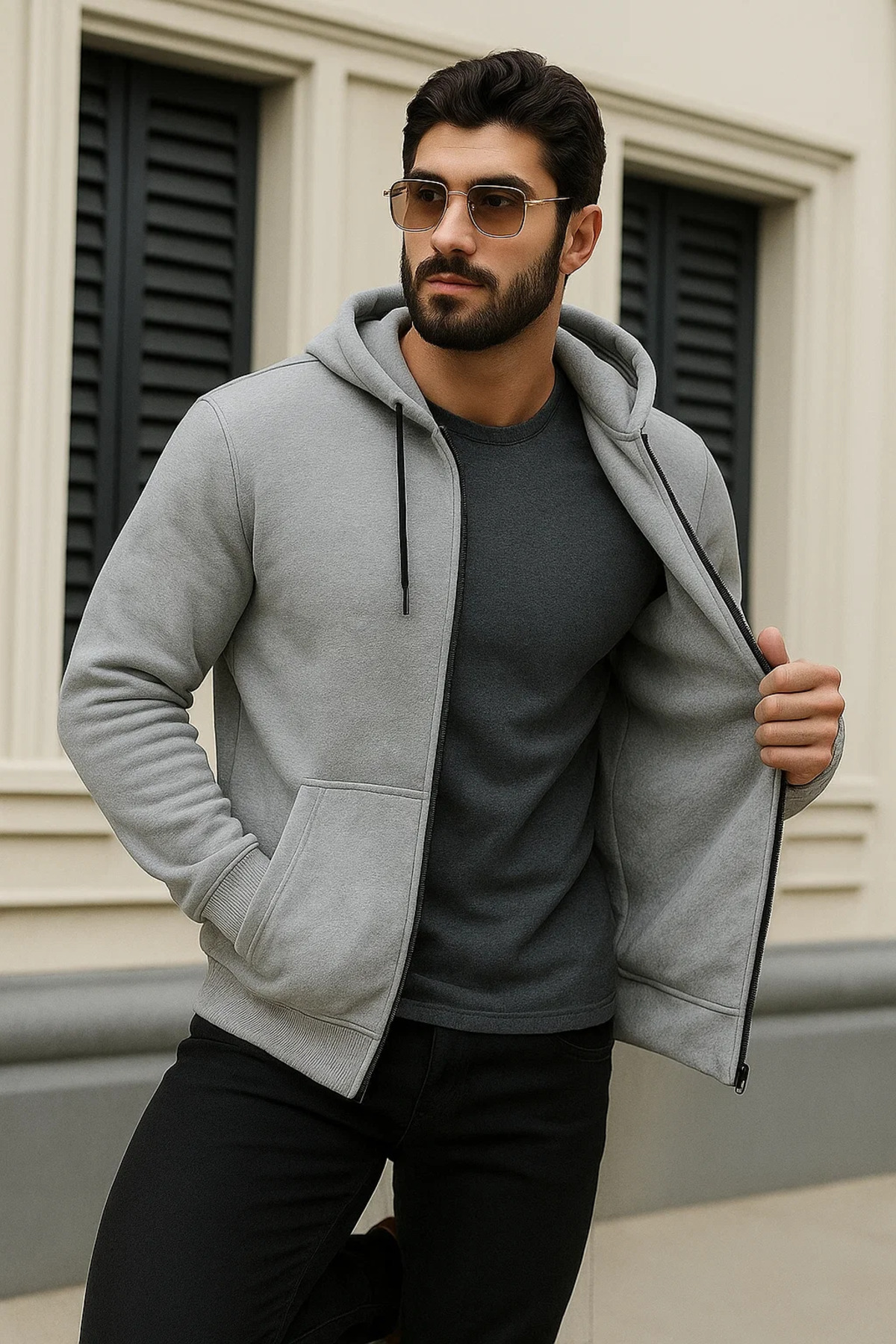 Erkek Kışlık Oversize Gri Kapsonlu Fermuarli Sweat 3