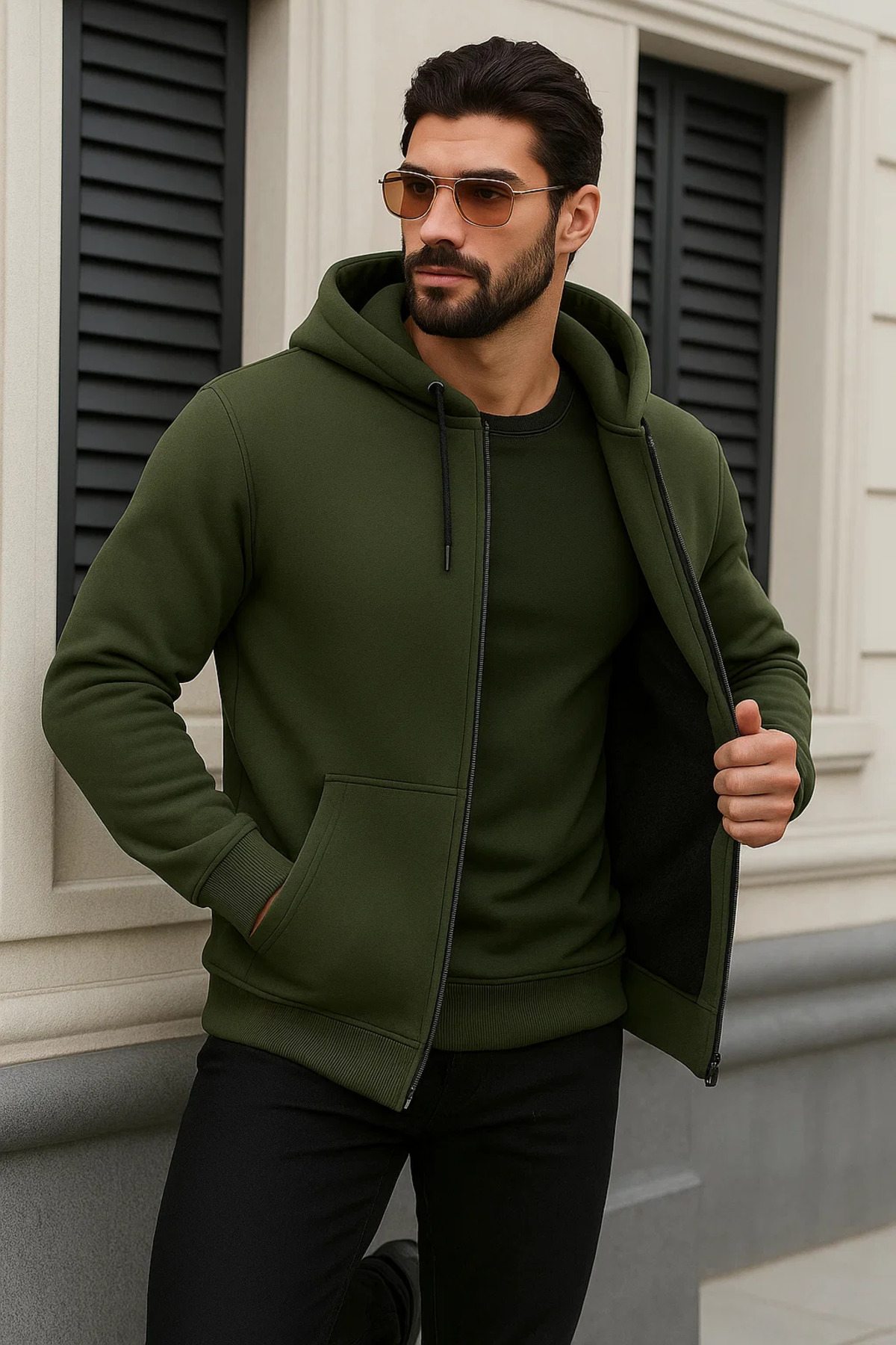 Erkek Kışlık Oversize Haki Kapsonlu Fermuarli Sweat 4