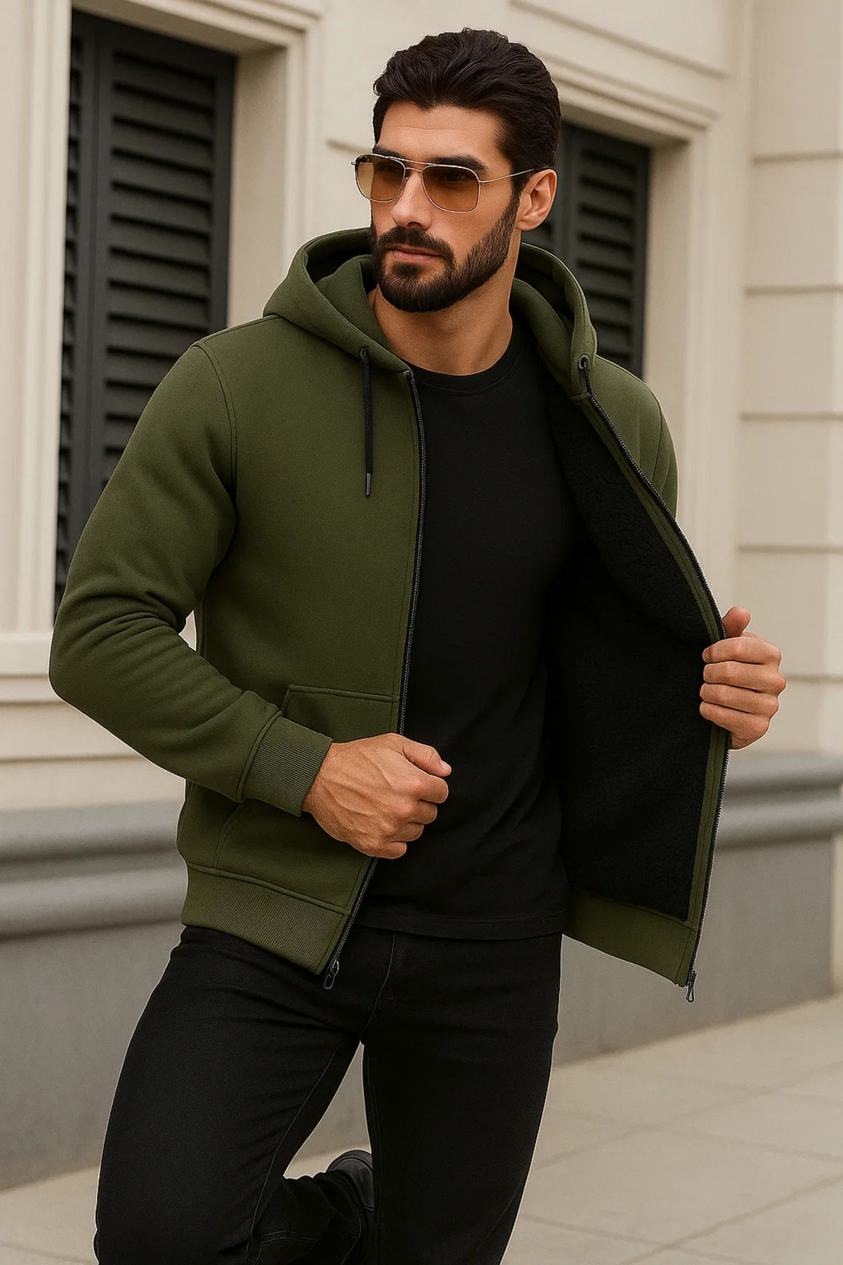Erkek Kışlık Oversize Haki Kapsonlu Fermuarli Sweat 3