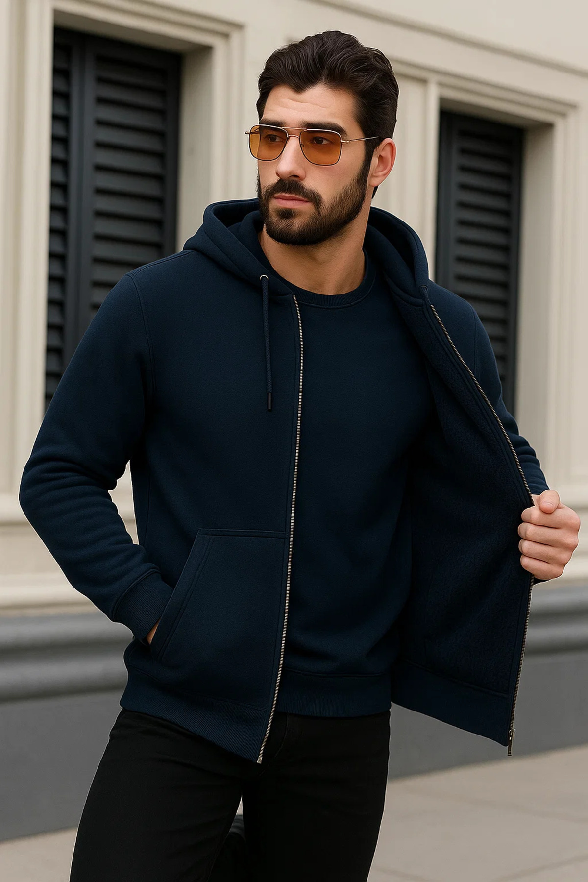 Erkek Kışlık Oversize Koyu Lacivert Kapsonlu Fermuarli Sweat 2XL 3