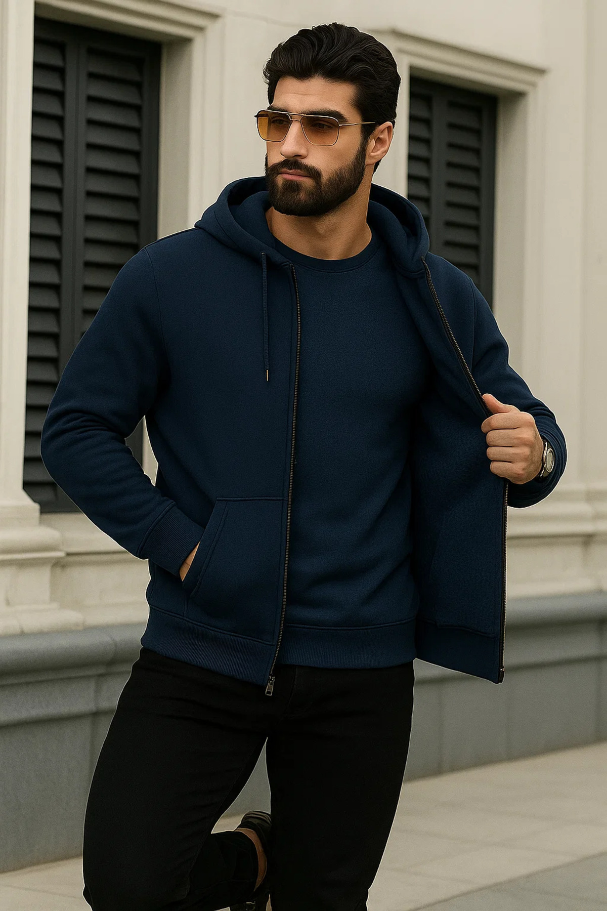 Erkek Kışlık Oversize Koyu Kapsonlu Fermuarli Sweat 4
