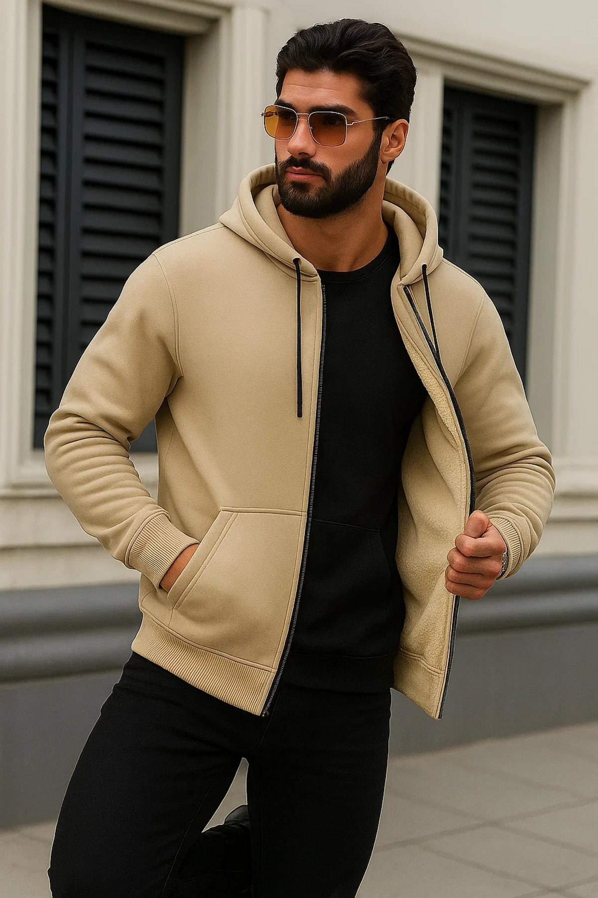 Erkek Kışlık Oversize Krem Kapsonlu Fermuarli Sweat 4