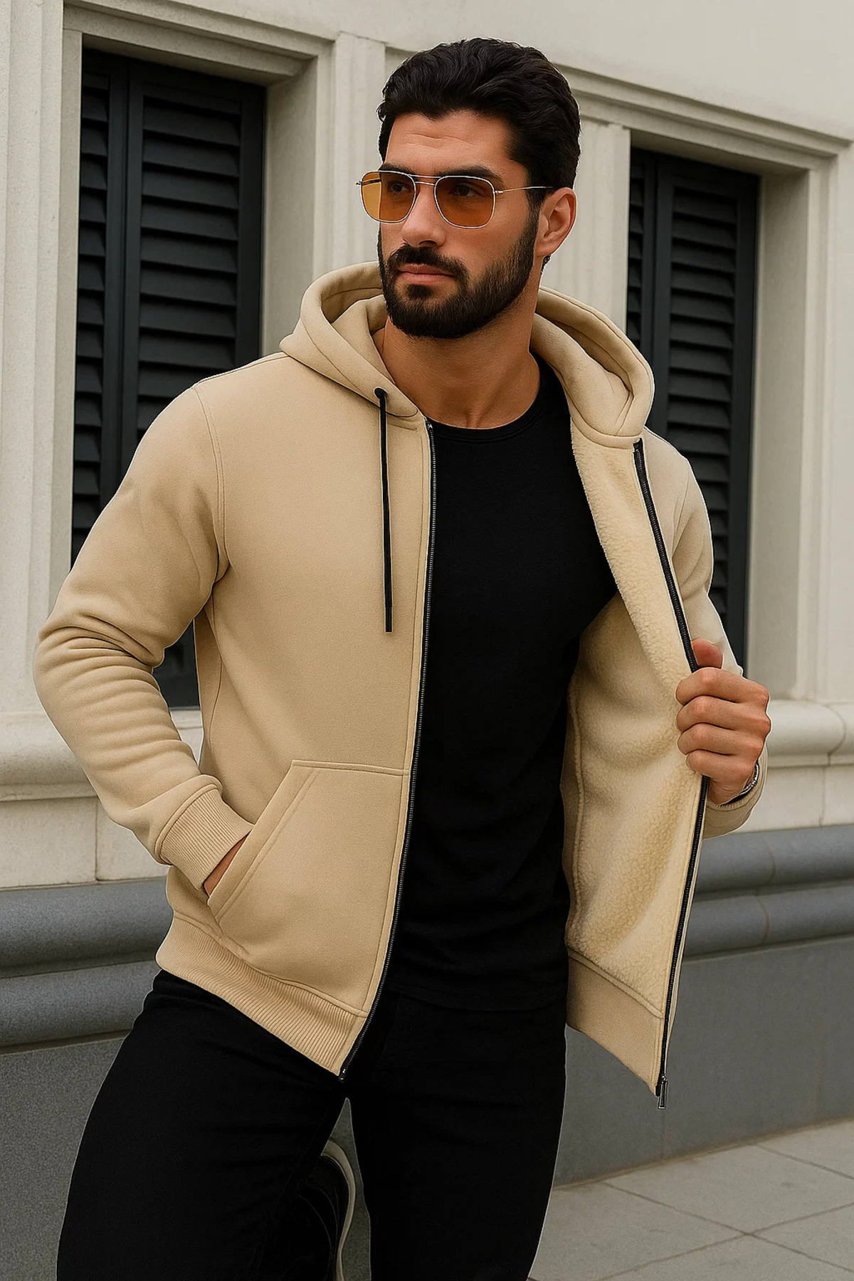 Erkek Kışlık Oversize Krem Kapsonlu Fermuarli Sweat 3
