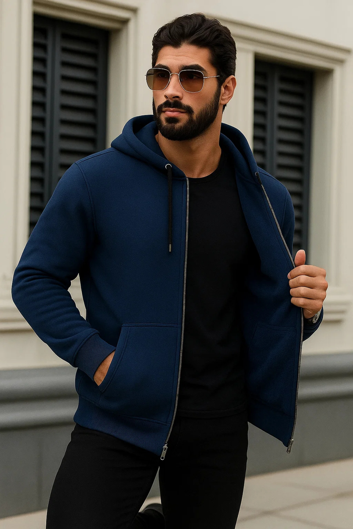 Erkek Kışlık Oversize Mavi Kapsonlu Fermuarli Sweat 4