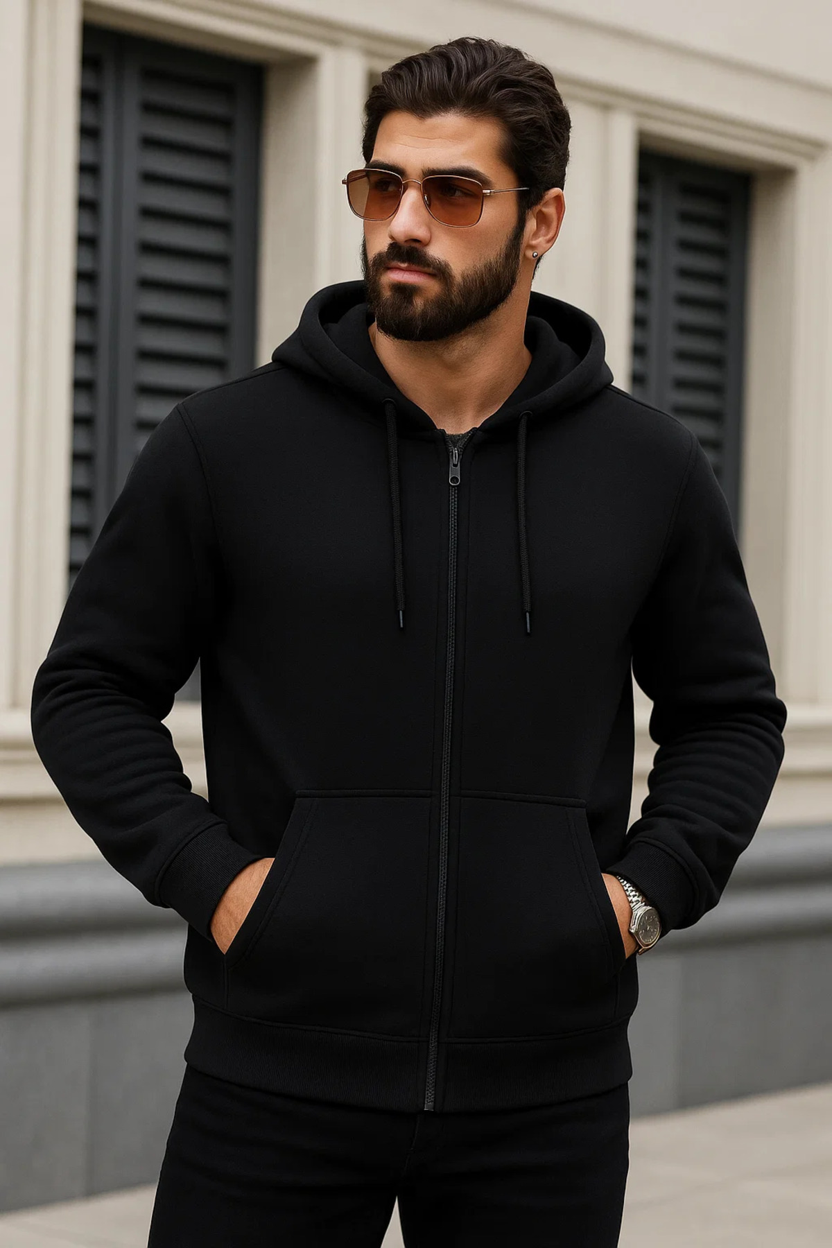 Erkek Kışlık Oversize Siyah Kapsonlu Fermuarli Sweat 3
