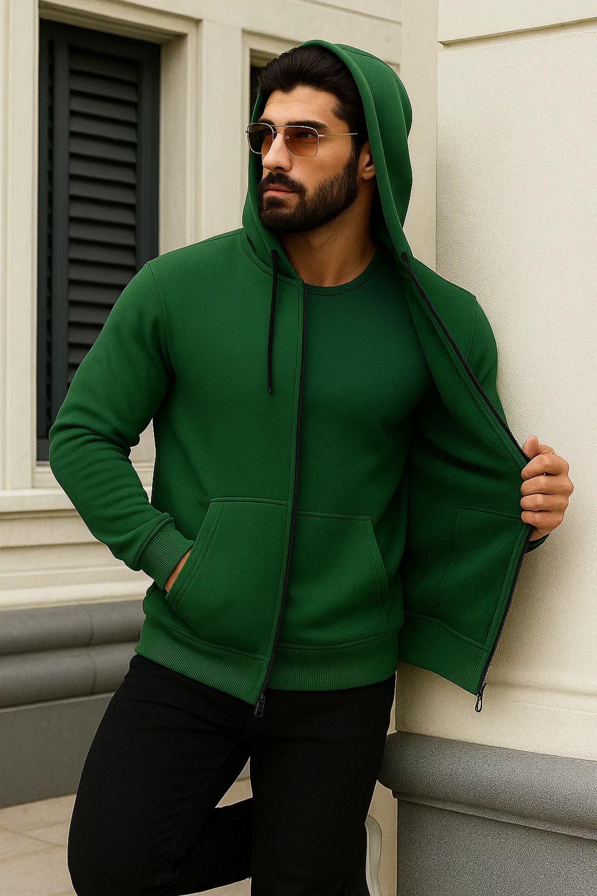 Erkek Kışlık Oversize Yeşil Kapsonlu Fermuarli Sweat 3