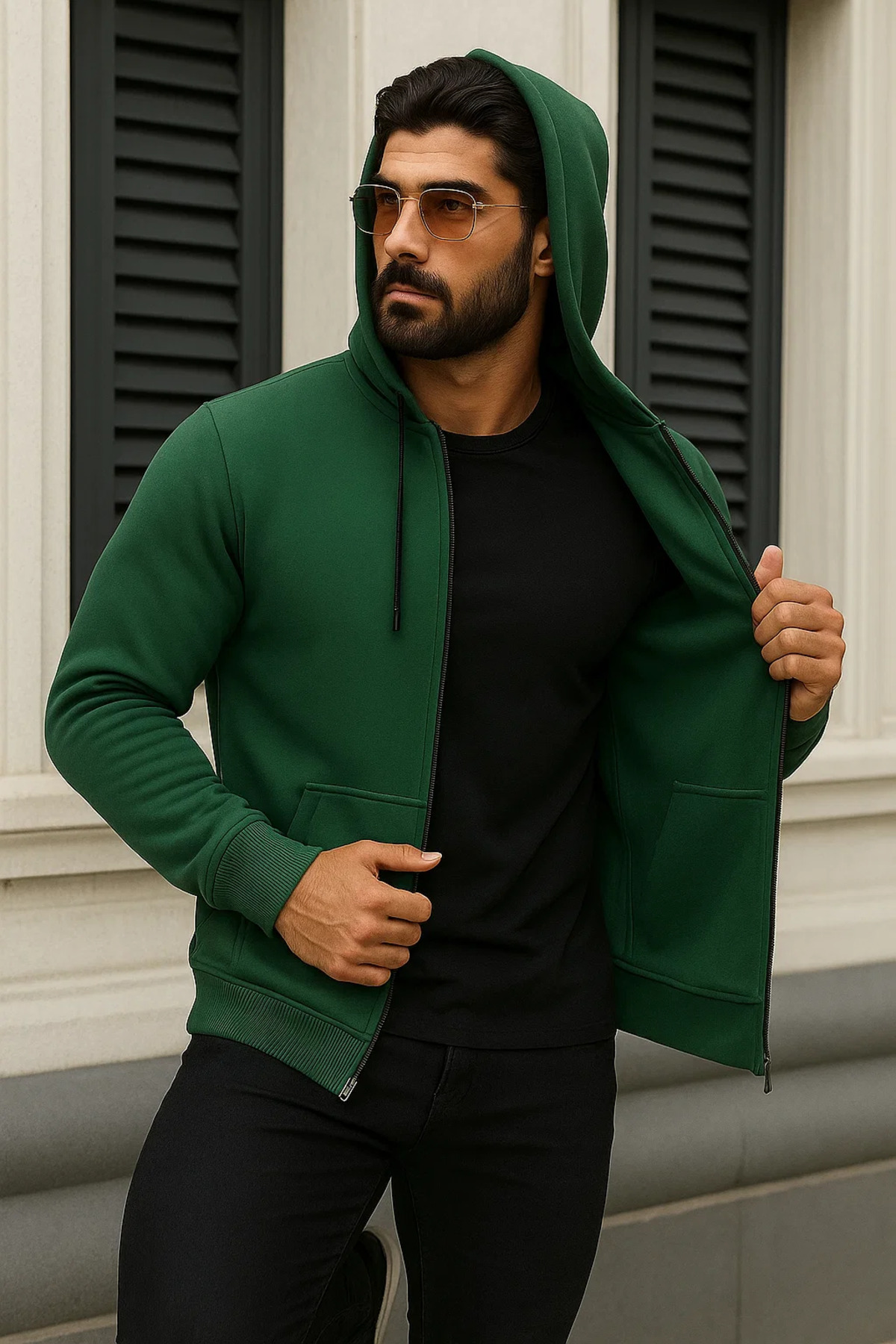 Erkek Kışlık Oversize Yeşil Kapsonlu Fermuarli Sweat 4