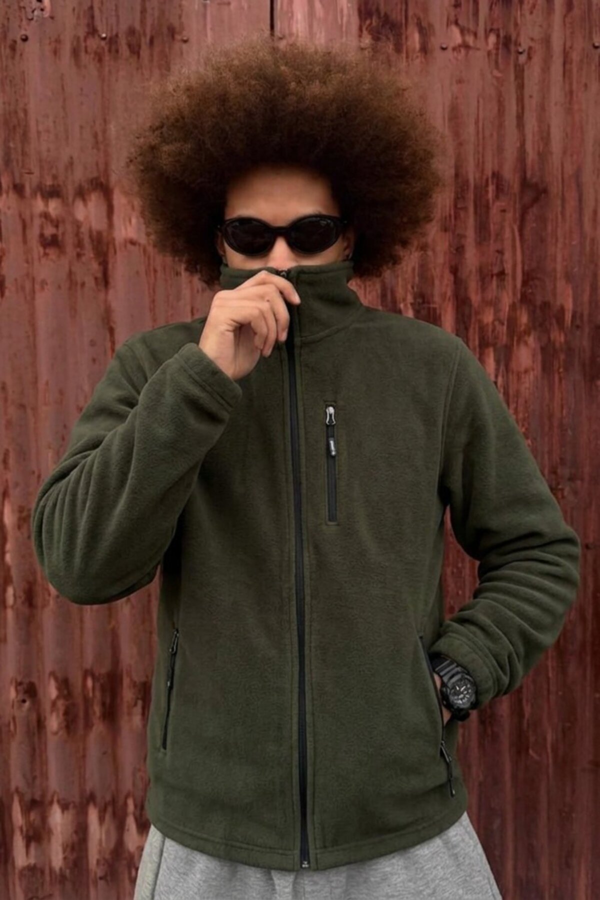 Erkek Trend Regular Fit Tam Fermuarlı Haki Polar 6