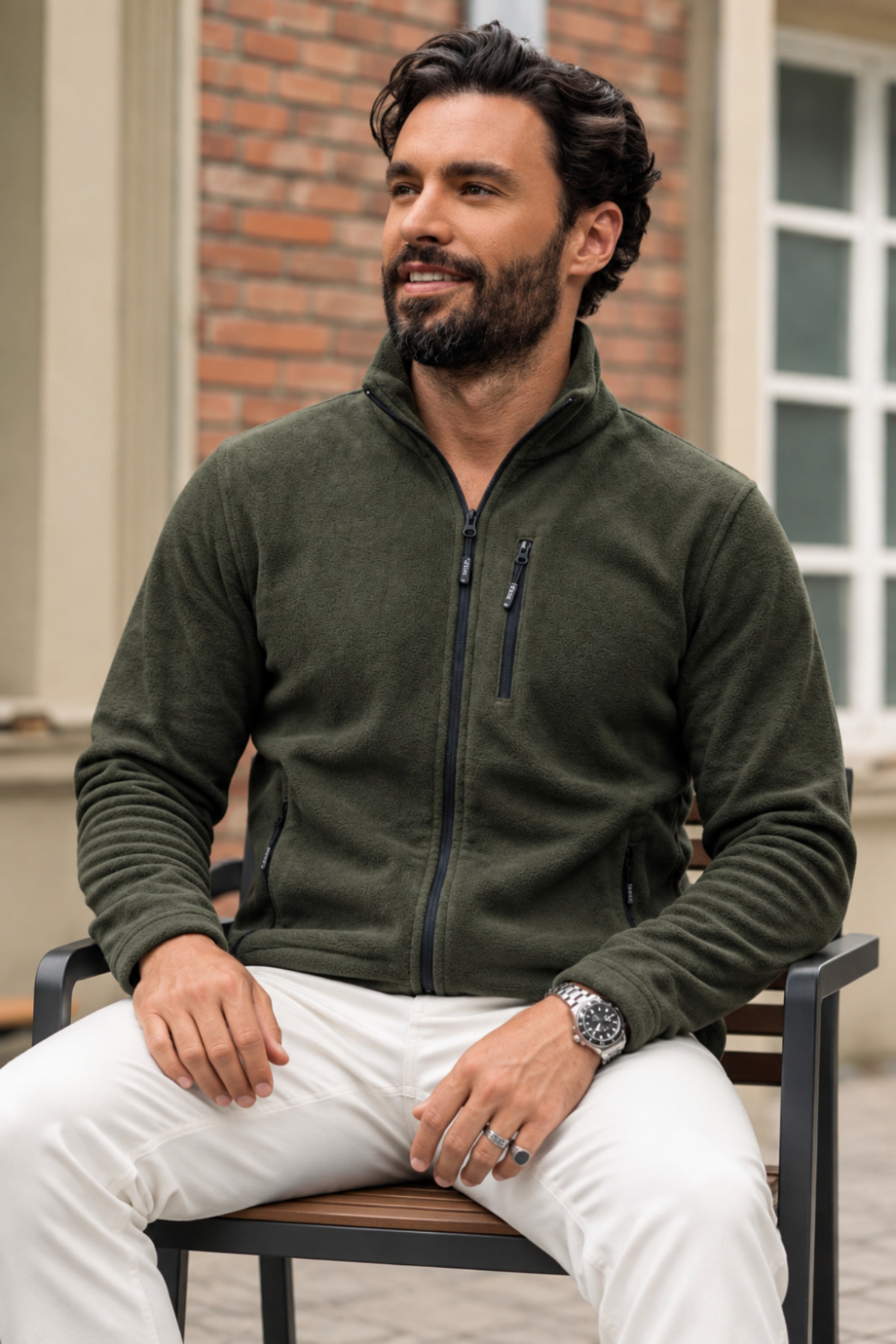 Erkek Relax Fit Fermuarlı Dokulu Haki Polar 4