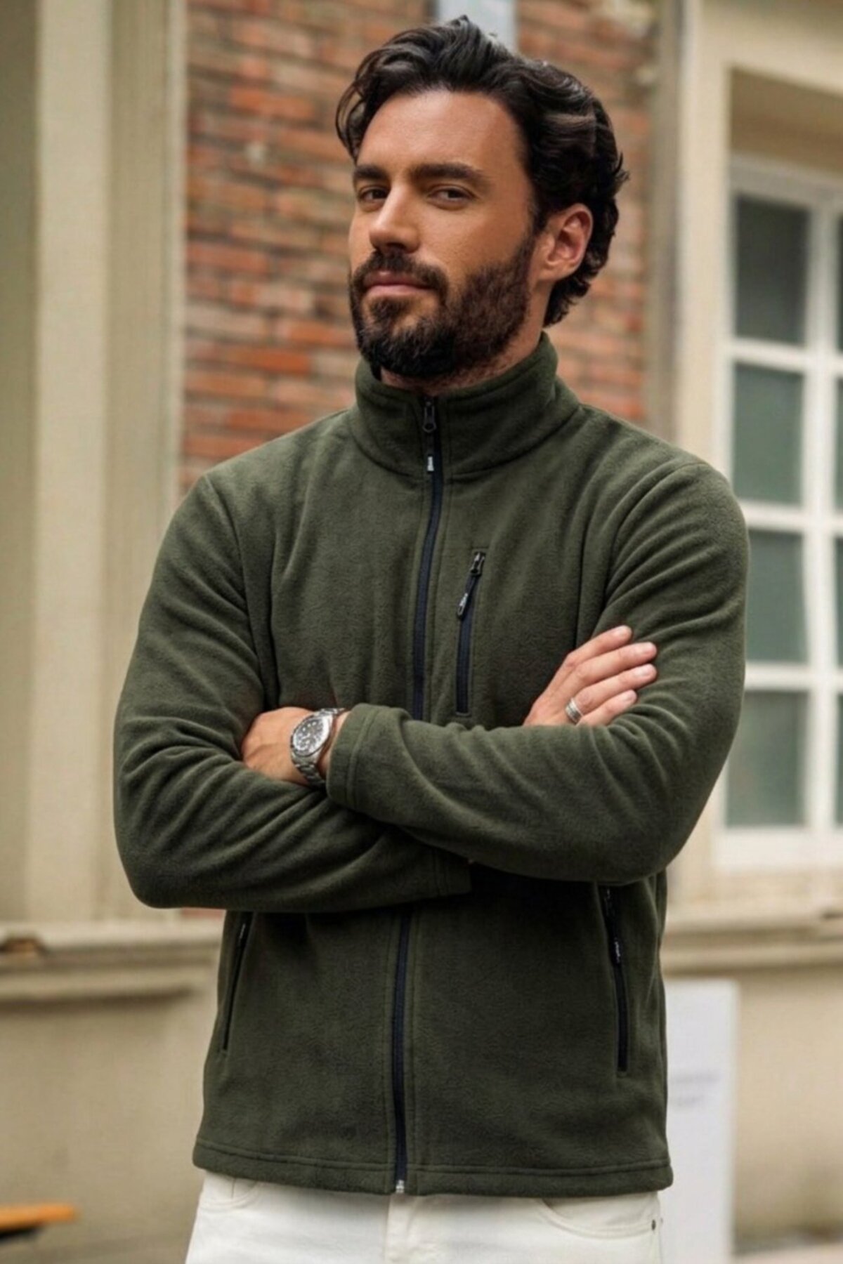 Erkek Relax Fit Fermuarlı Dokulu Haki Polar 3