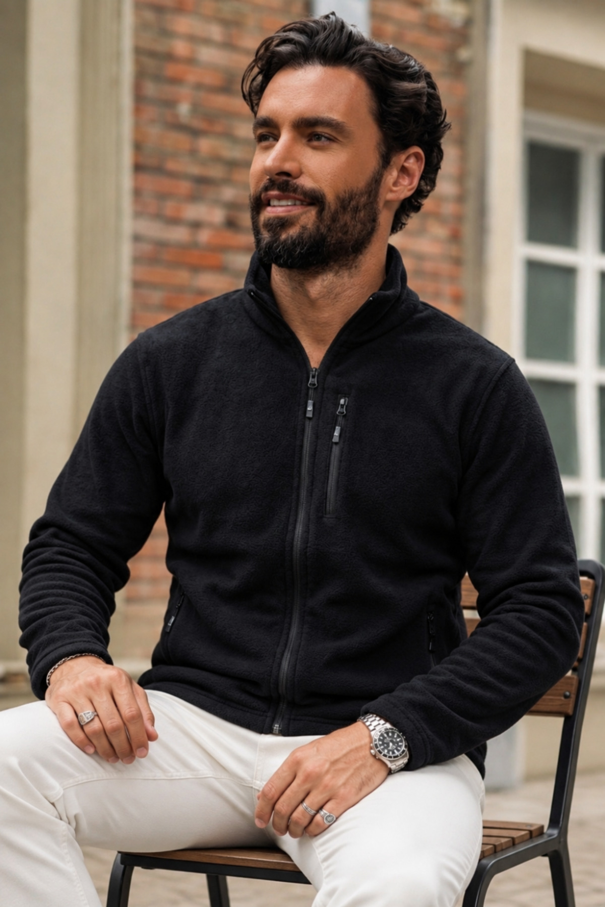Erkek Relax Fit Fermuarlı Dokulu Siyah Polar 4