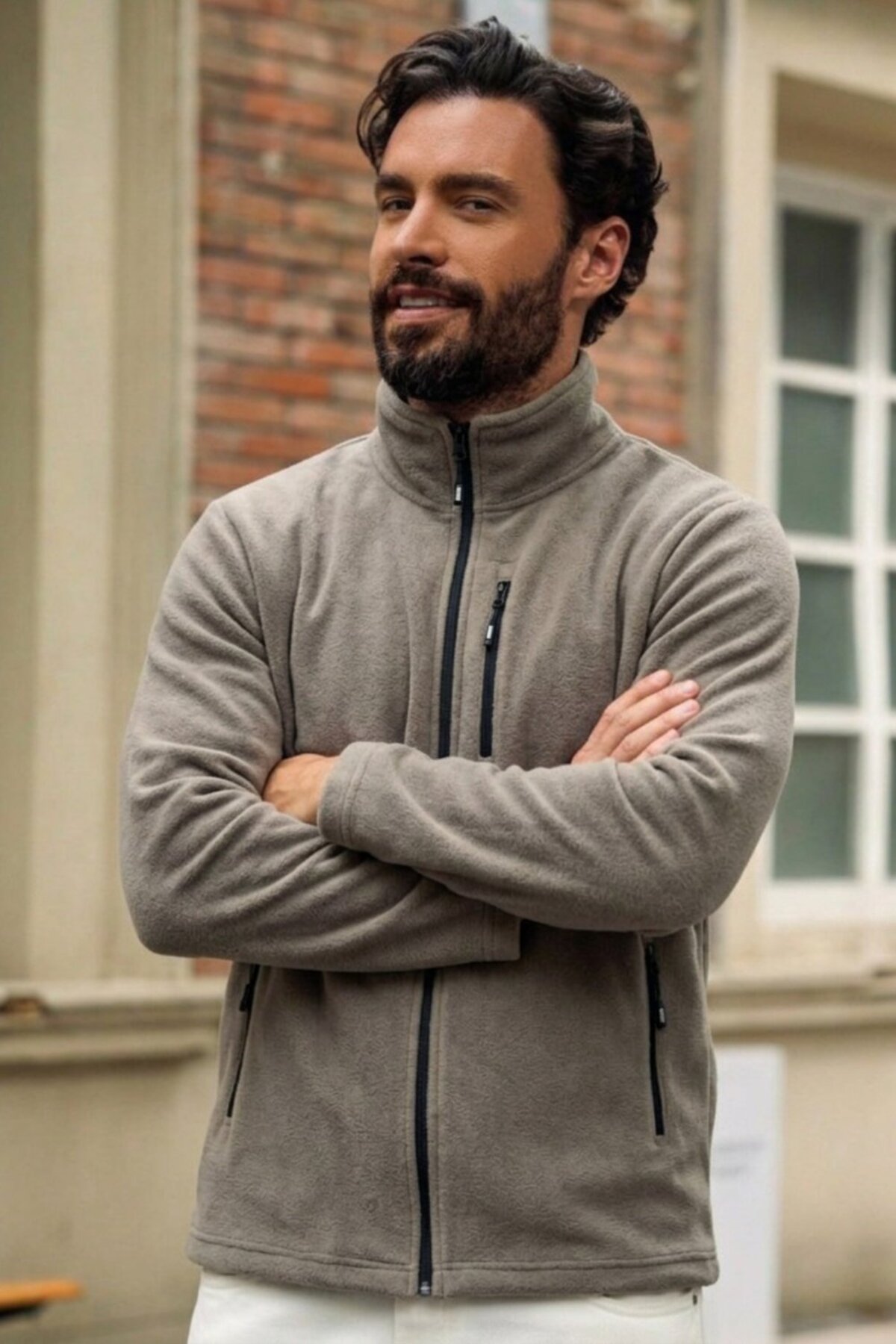 Erkek Relax Fit Fermuarlı Dokulu Vizon Polar 4
