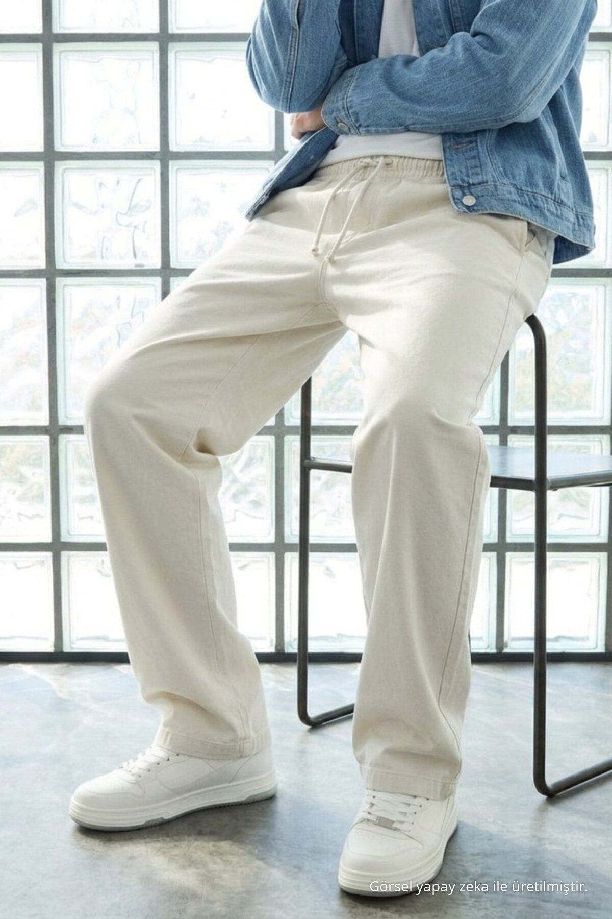 Erkek Günlük Jogger Beyaz Baggy Keten Pantolon 3