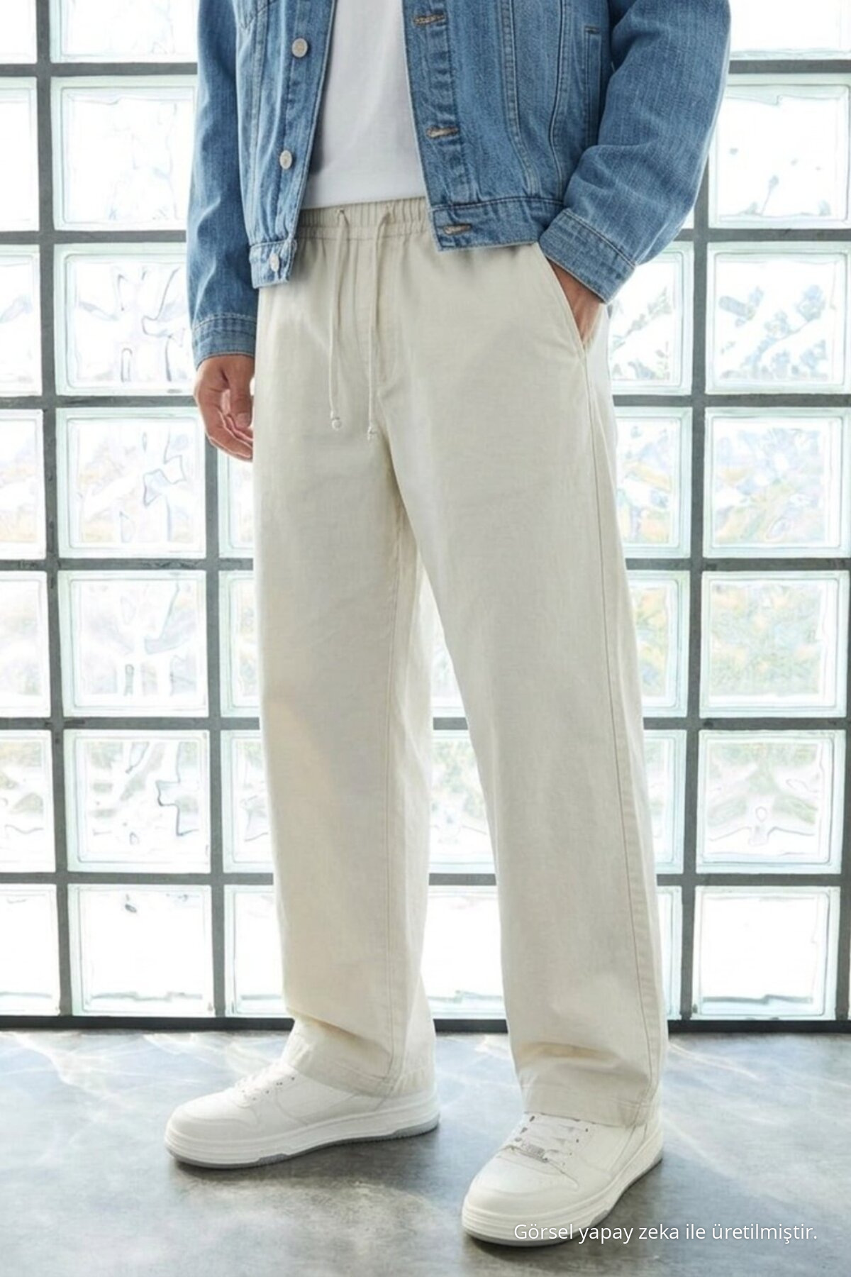 Erkek Günlük Jogger Beyaz Baggy Keten Pantolon 4