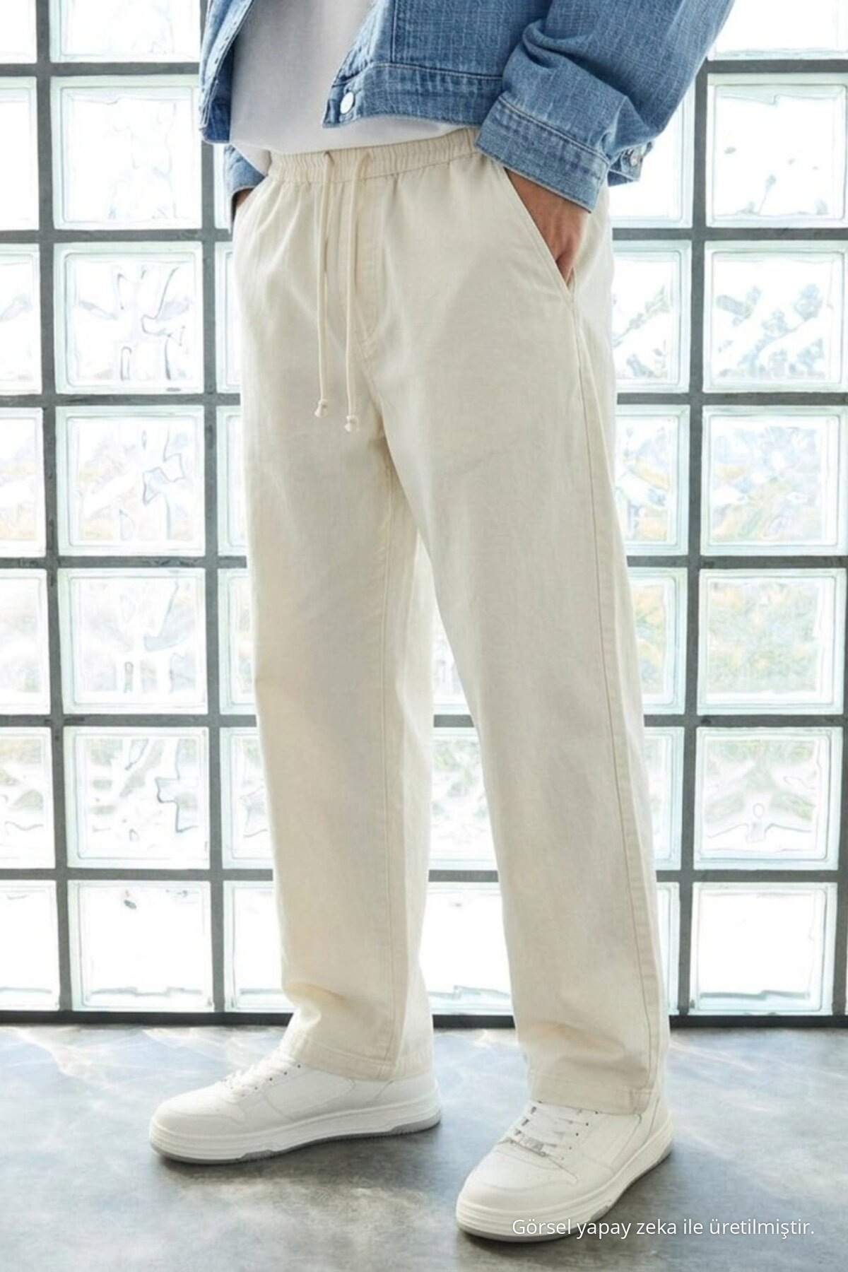 Erkek Günlük Jogger Beyaz Baggy Keten Pantolon 6