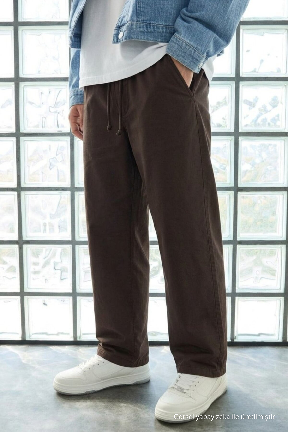 Erkek Günlük Jogger Kahverengi Baggy Keten Pantolon 6