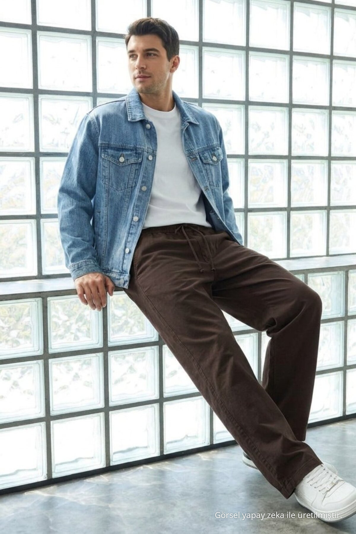 Erkek Günlük Jogger Kahverengi Baggy Keten Pantolon 4