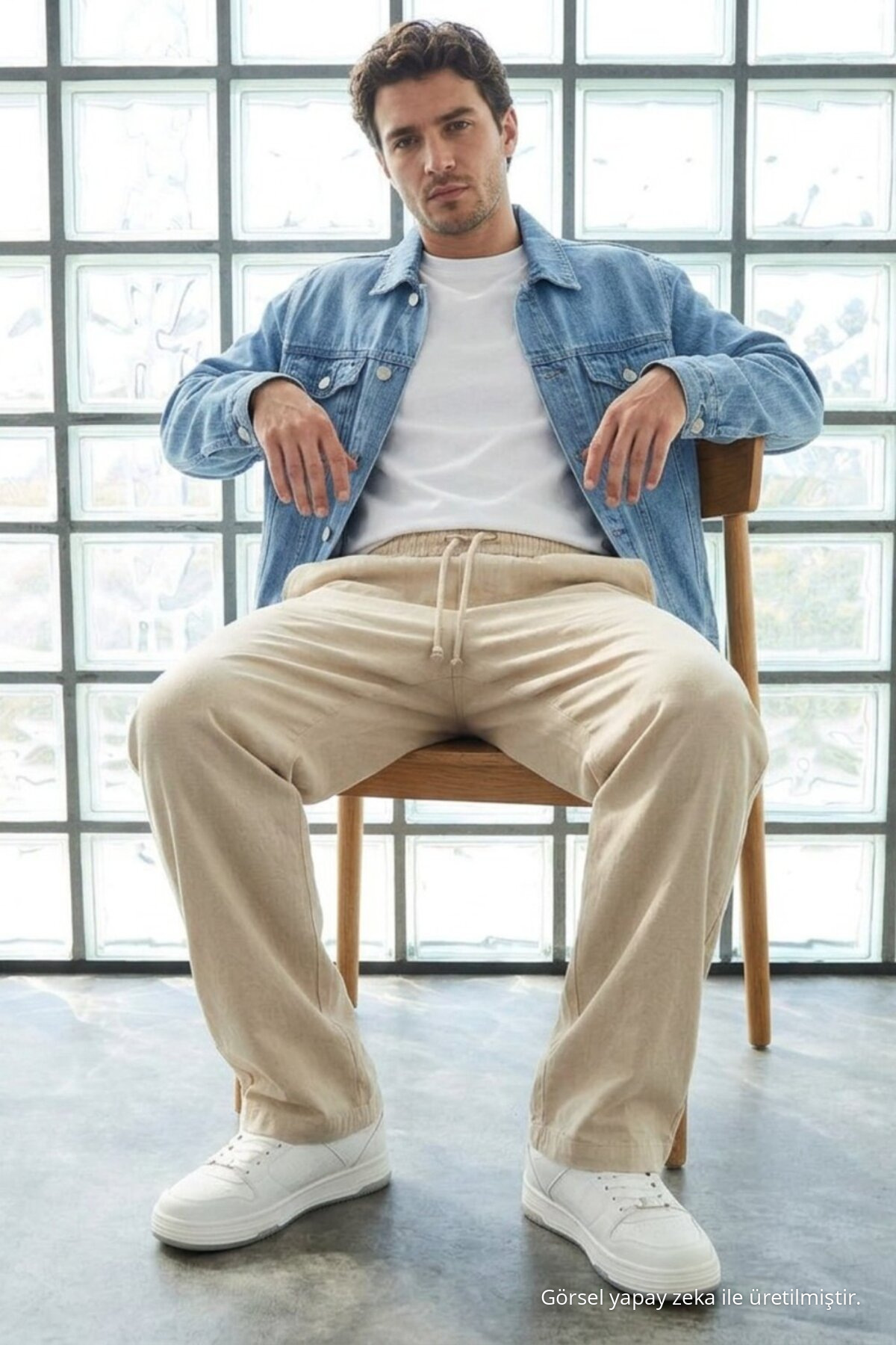Erkek Günlük Jogger Krem Baggy Keten Pantolon 3