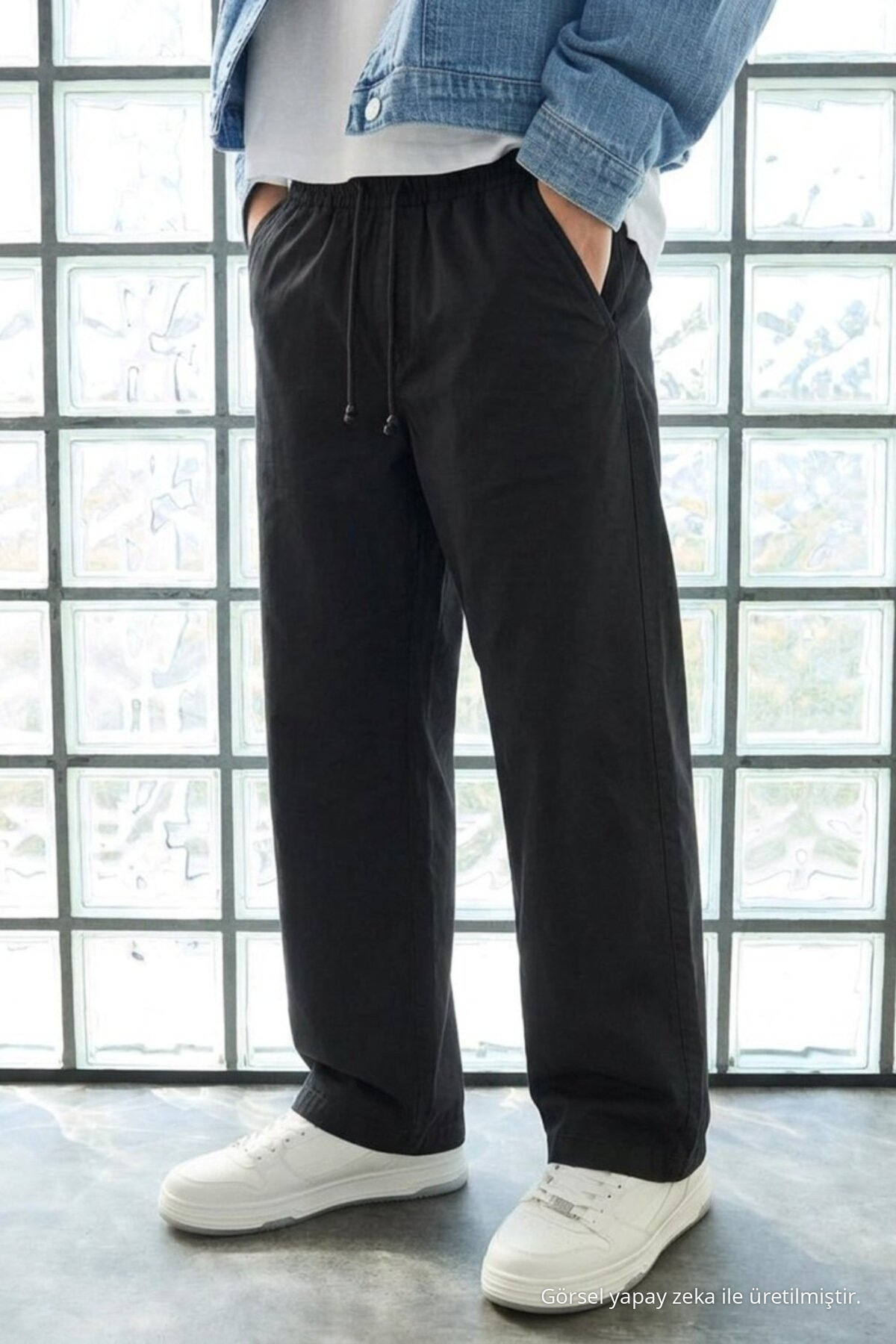 Erkek Günlük Jogger Siyah Baggy Keten Pantolon 6