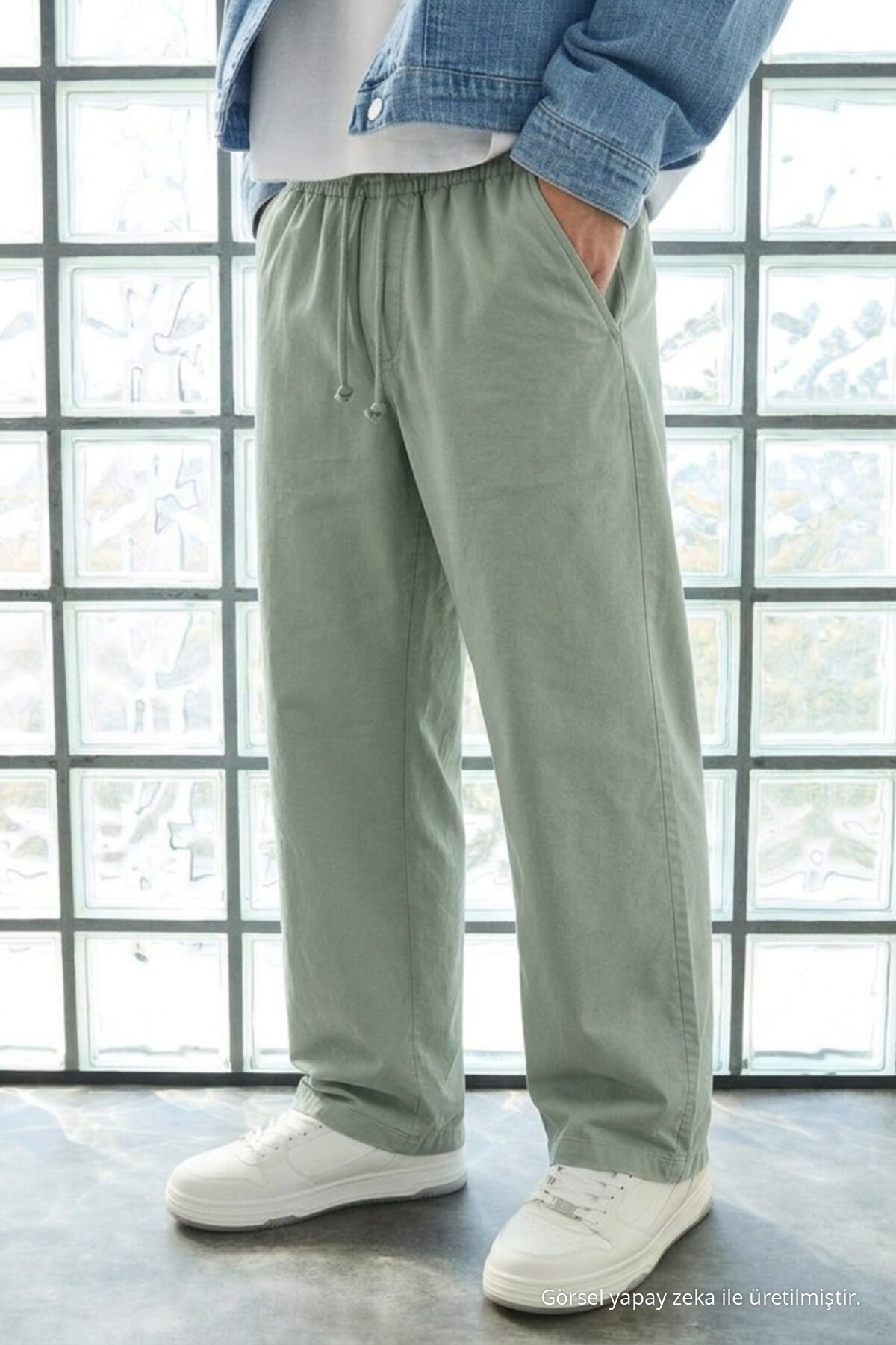 Erkek Günlük Jogger Yeşil Baggy Keten Pantolon 6