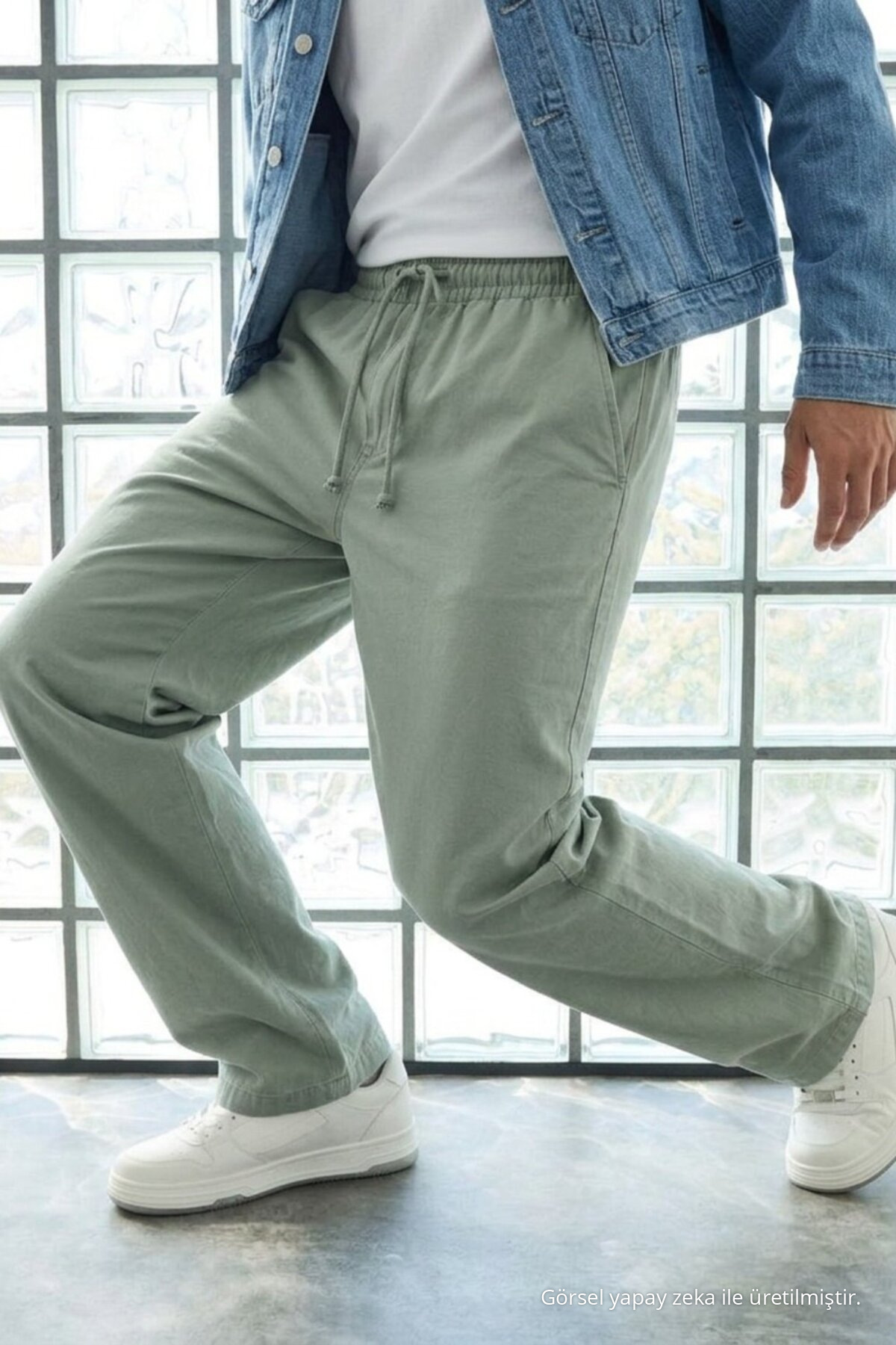 Erkek Günlük Jogger Yeşil Baggy Keten Pantolon 5