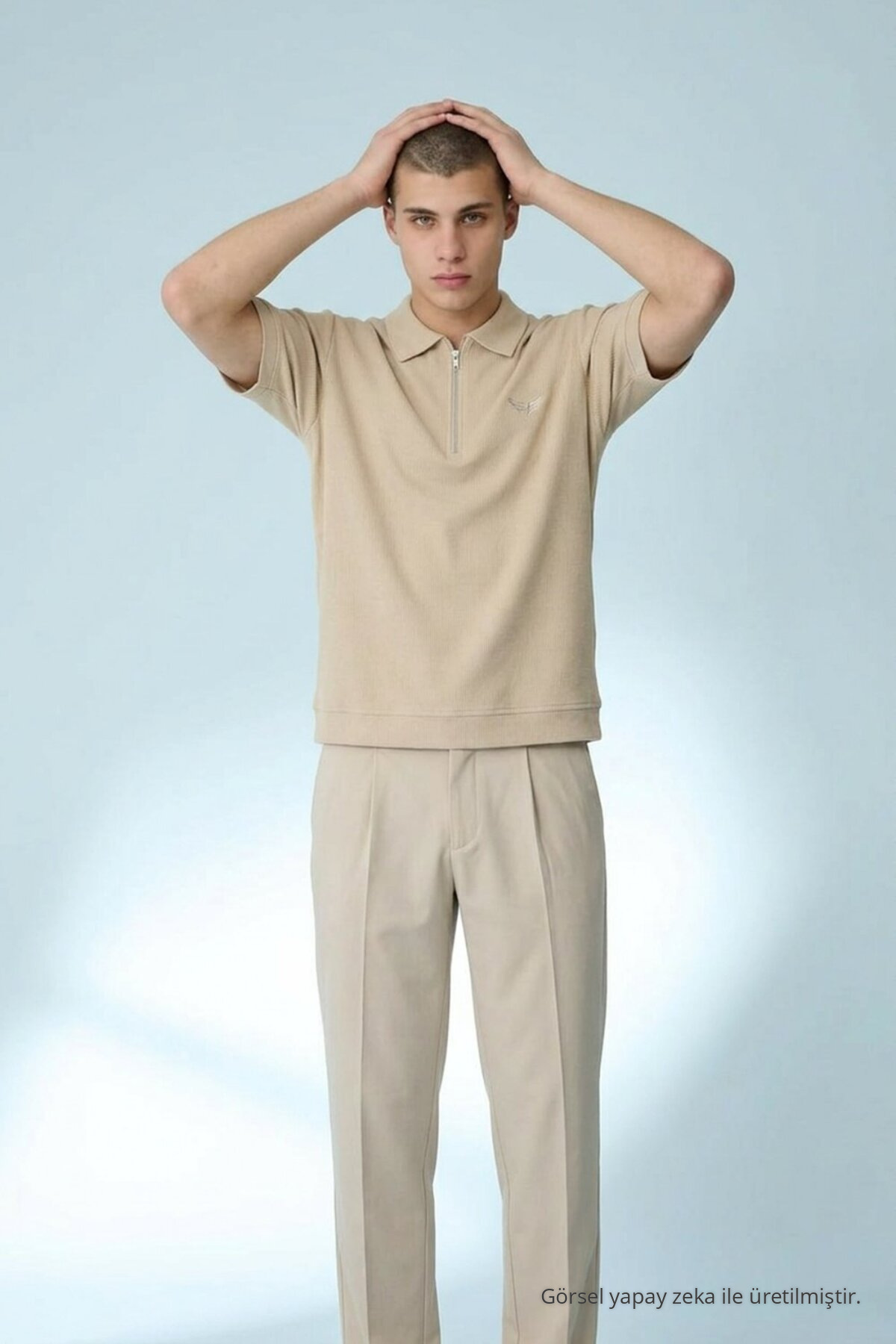 Erkek Casual Bej Bol Polo Yaka Tişört 4