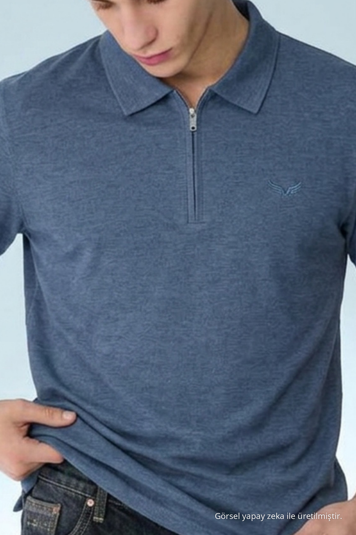 Erkek Casual Mavi Bol Polo Yaka Tişört 5