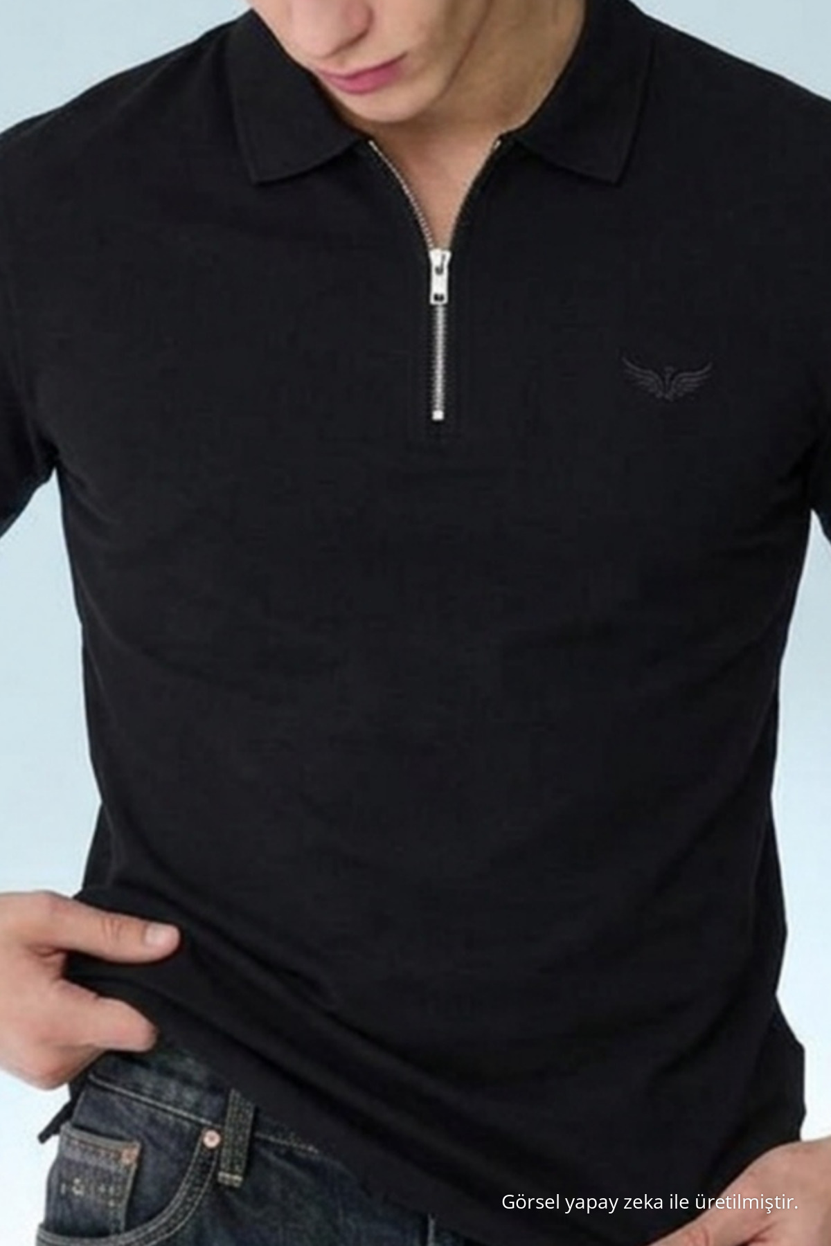 Erkek Casual Siyah Bol Polo Yaka Tişört 5