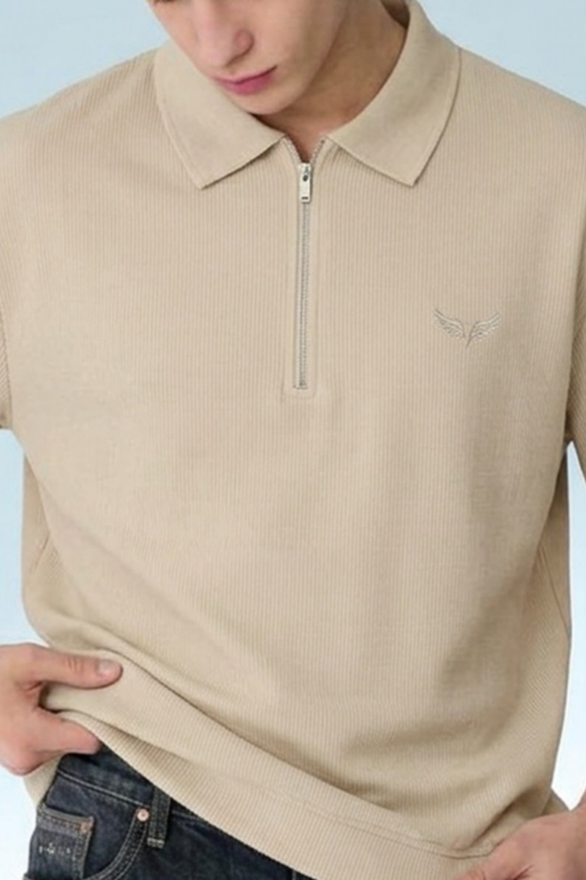 Erkek Casual Bej Bol Polo Yaka Tişört 5