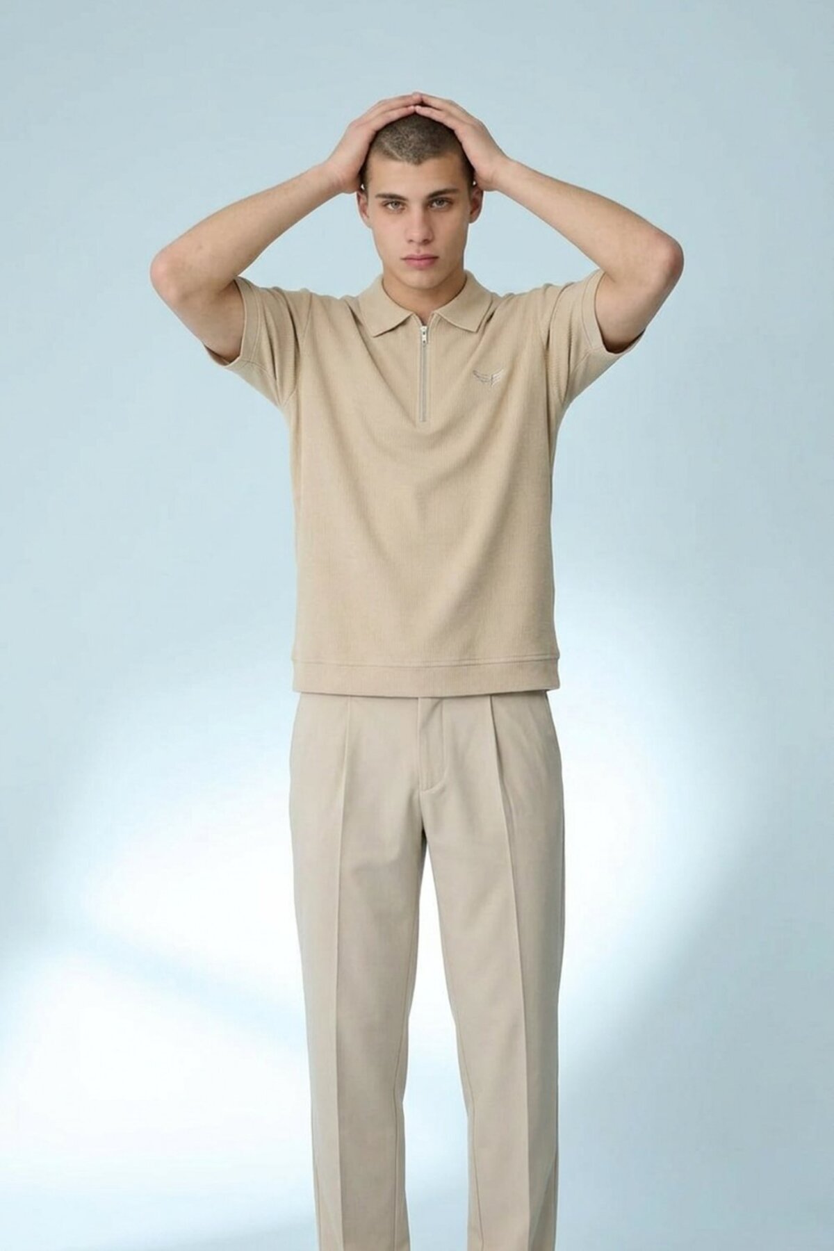 Erkek Casual Bej Bol Polo Yaka Tişört 4
