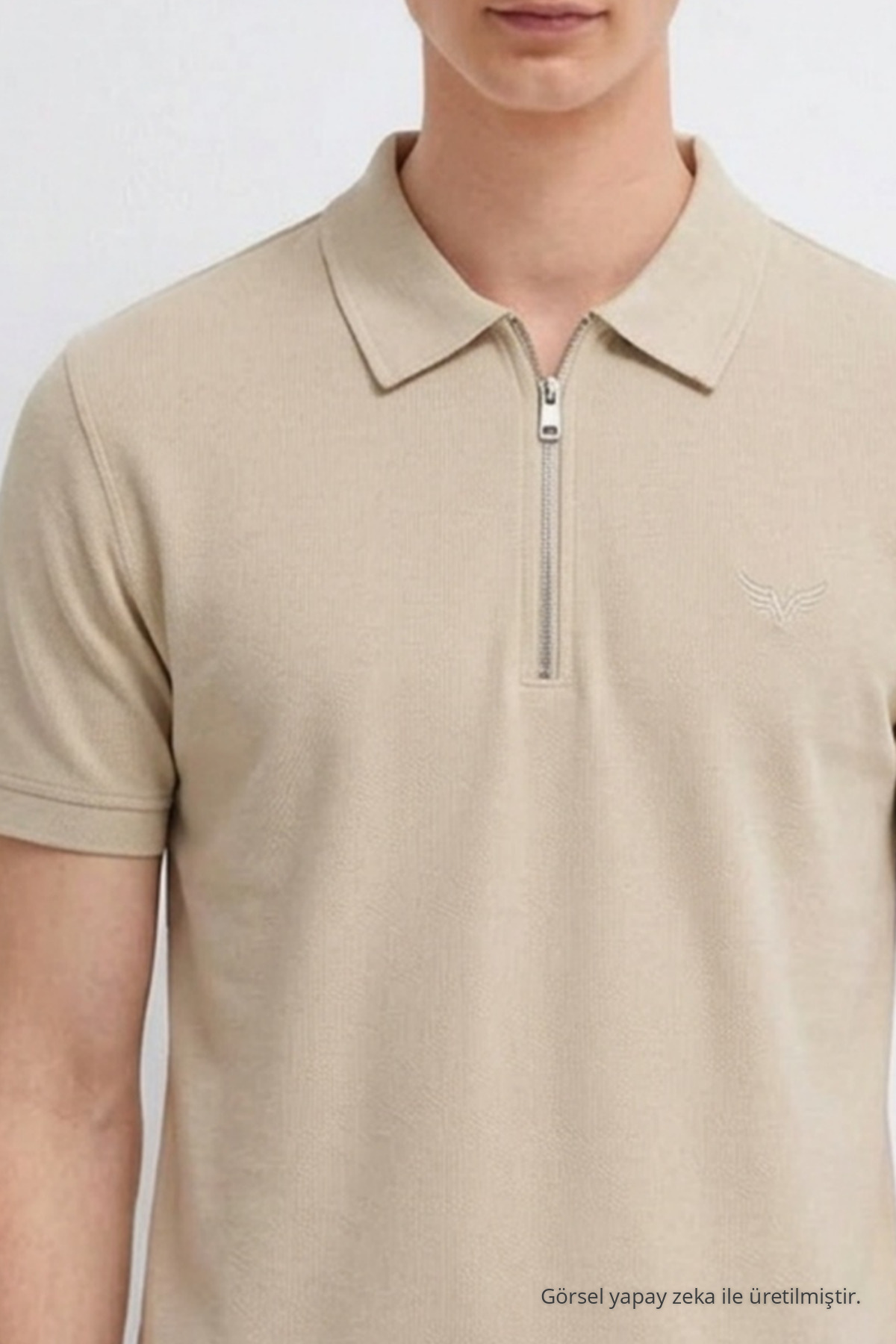 Erkek Nakışlı Fermuarlı Bej Polo Yaka Tişört 5