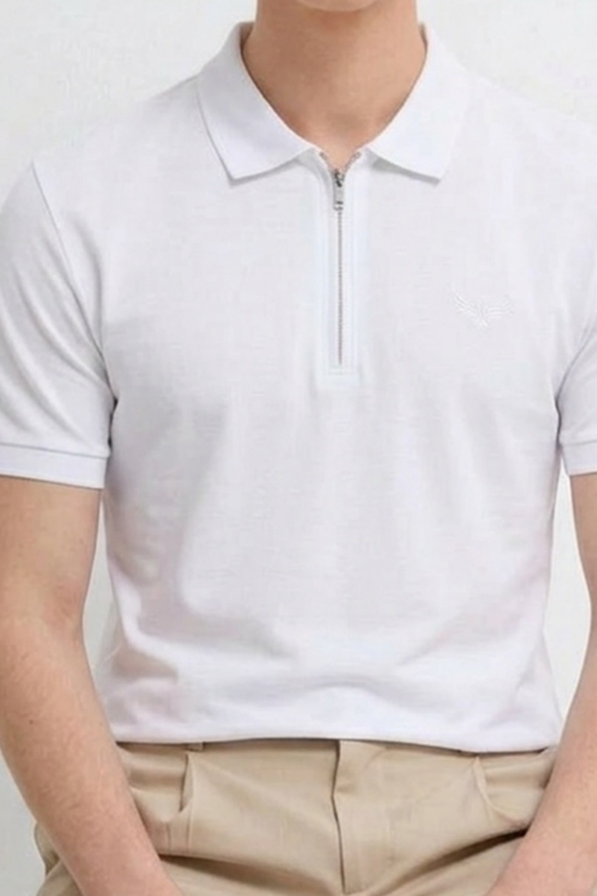 Erkek Nakışlı Fermuarlı Beyaz Polo Yaka Tişört 6