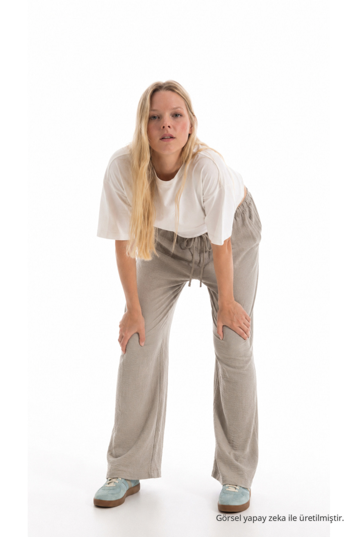 Kadın Beli Lastikli Yazlık Rahat Vizon Keten Pantolon 3