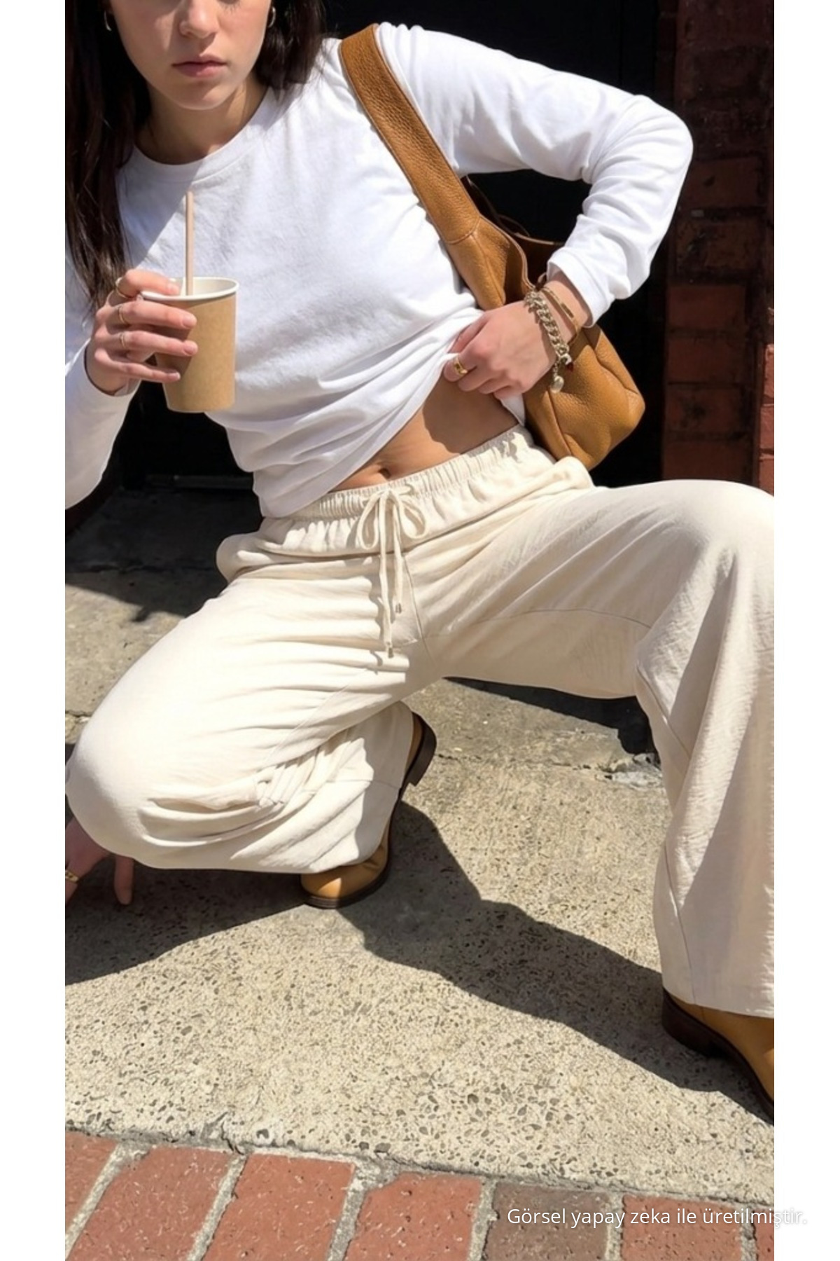 Kadın Beli Lastikli Dokulu Ekru Palazzo Keten Pantolon 4
