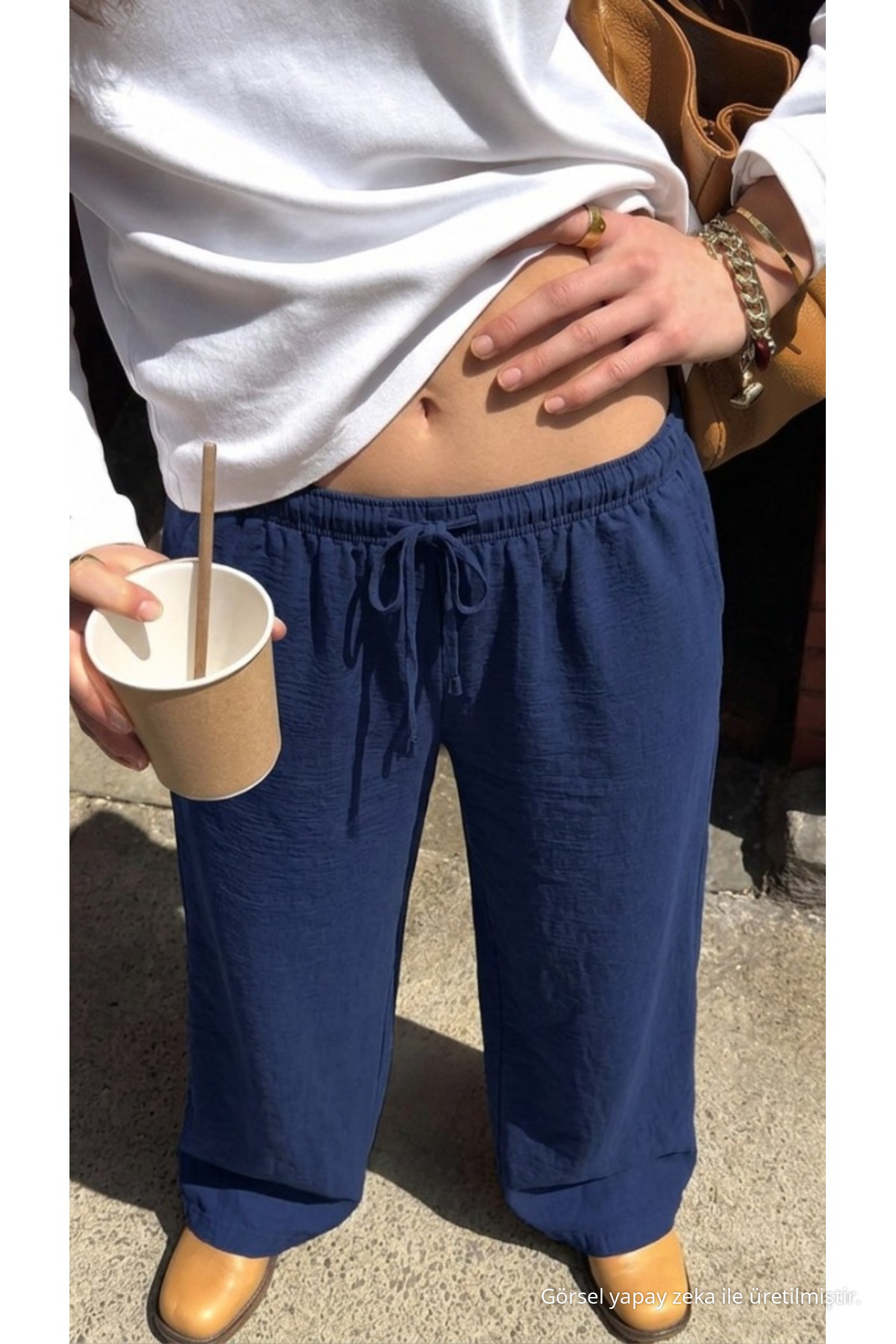 Kadın Beli Lastikli Dokulu Lacivert Palazzo Keten Pantolon 3