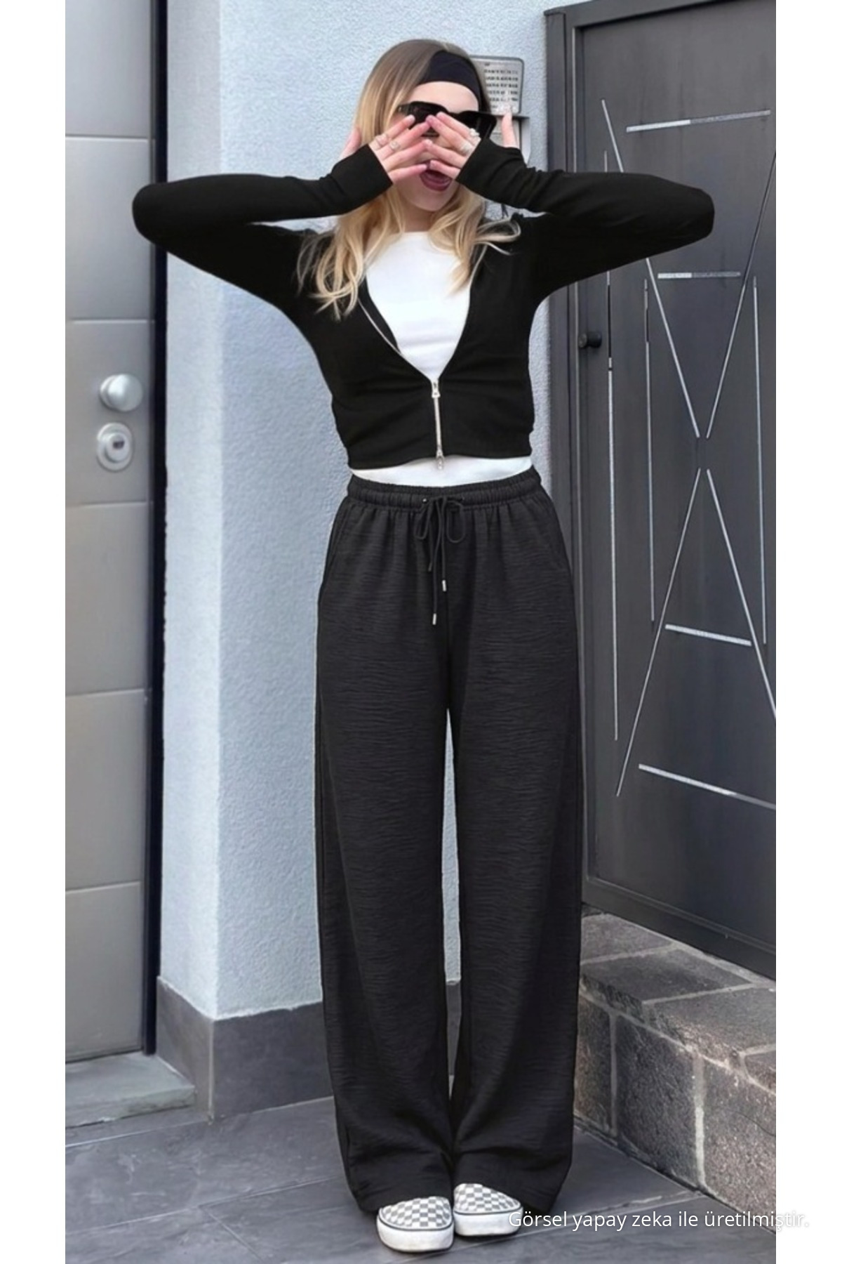 Kadın Dokulu Bol Paça Siyah Palazzo Keten Pantolon 6