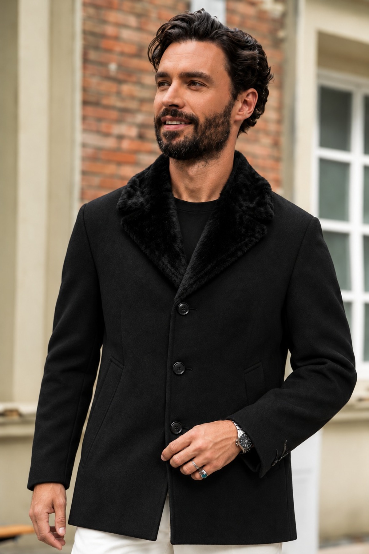 Erkek Peluş Yaka Modern Kesim Kaşe Siyah Kaban 4